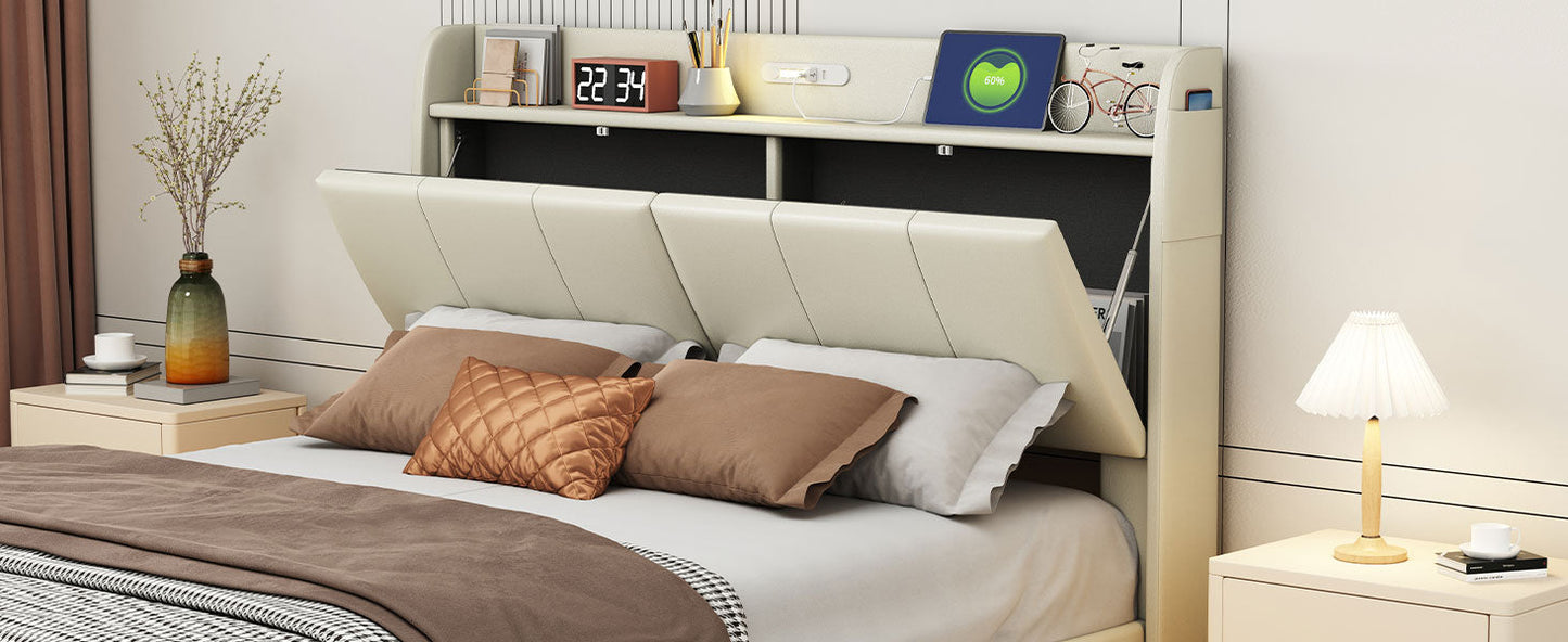Large floating bed frame with storage headboard, touch sensor, night light and USB charger, padded platform bed, beige color - Korvel