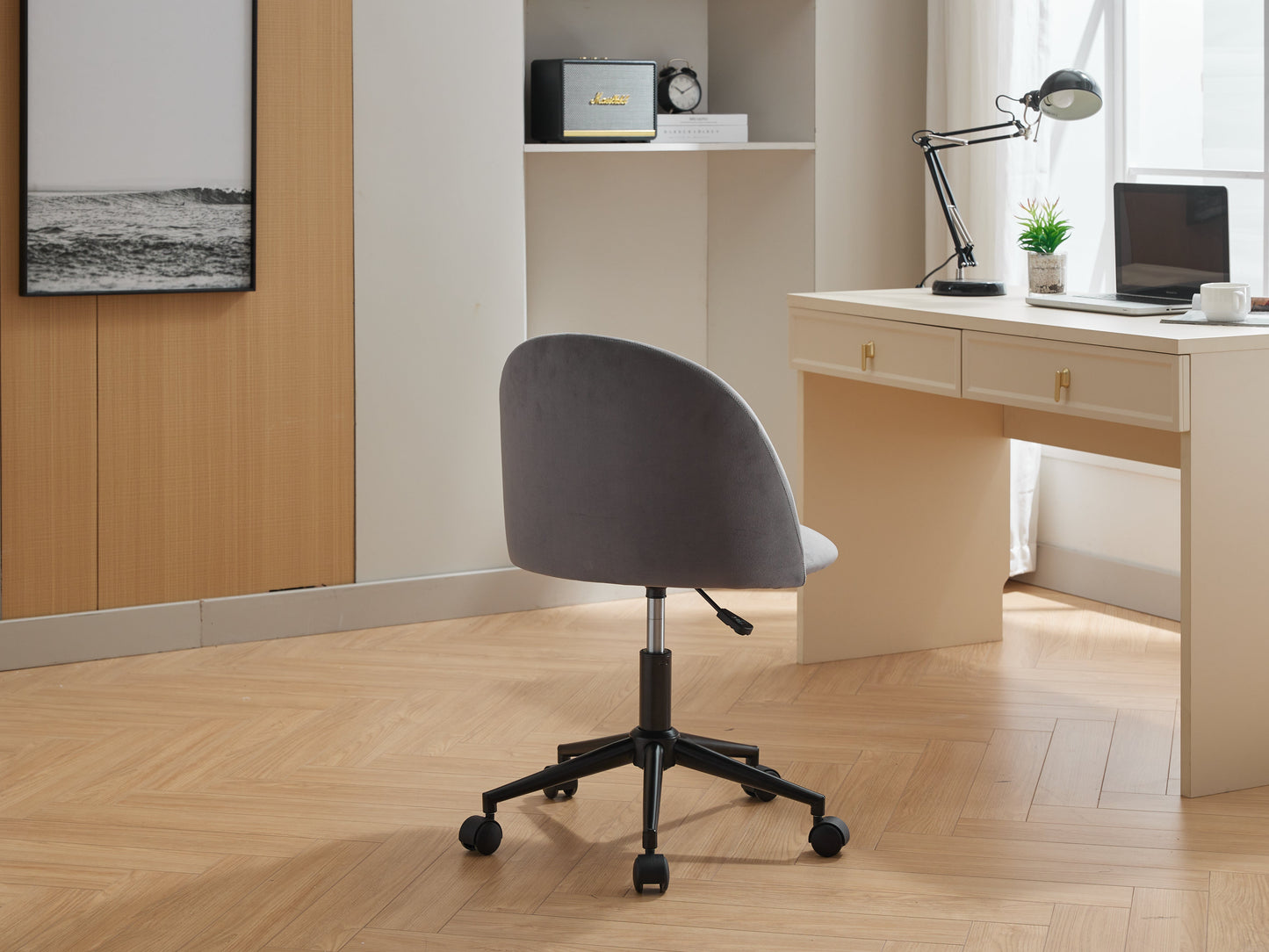 Velvet fabric office chair, mid back adjustable rotating computer chair, black legs, cushioned office chair with wheels - Korvel