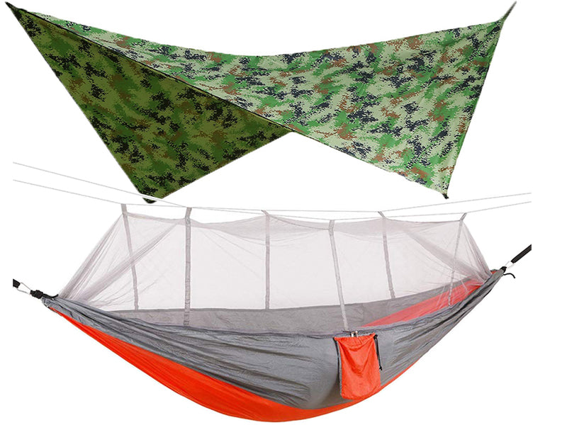 260x140cm Outdoor Double Camping Hammock with Mosquito Net and Rain Fly Tarp Lightweight Parachute Hammocks for Travel Hiking - Korvel