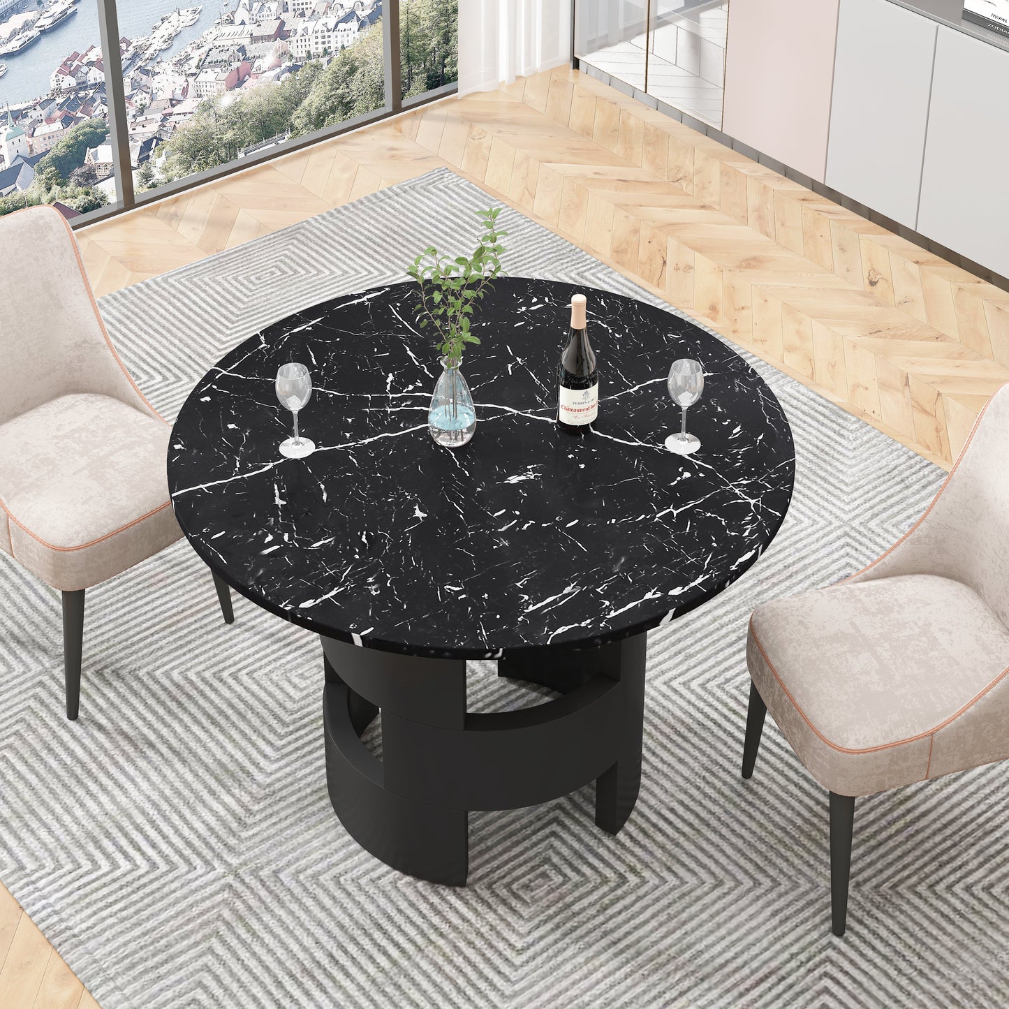 42.12"Modern Round Dining Table with Printed Black Marble Table Top for Dining Room - Korvel