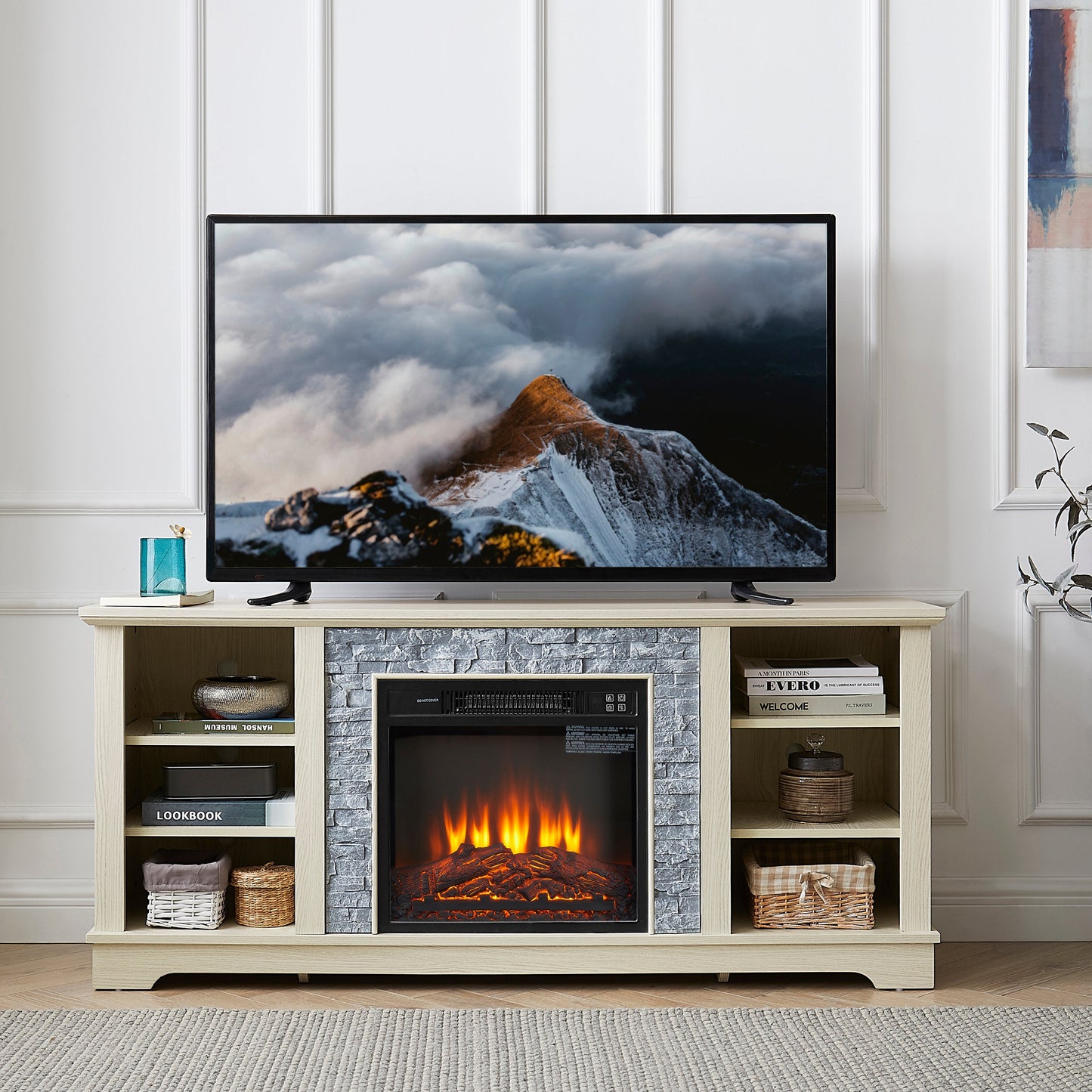 Meuble TV avec foyer électrique en pierre Mantel et rangement ouvert