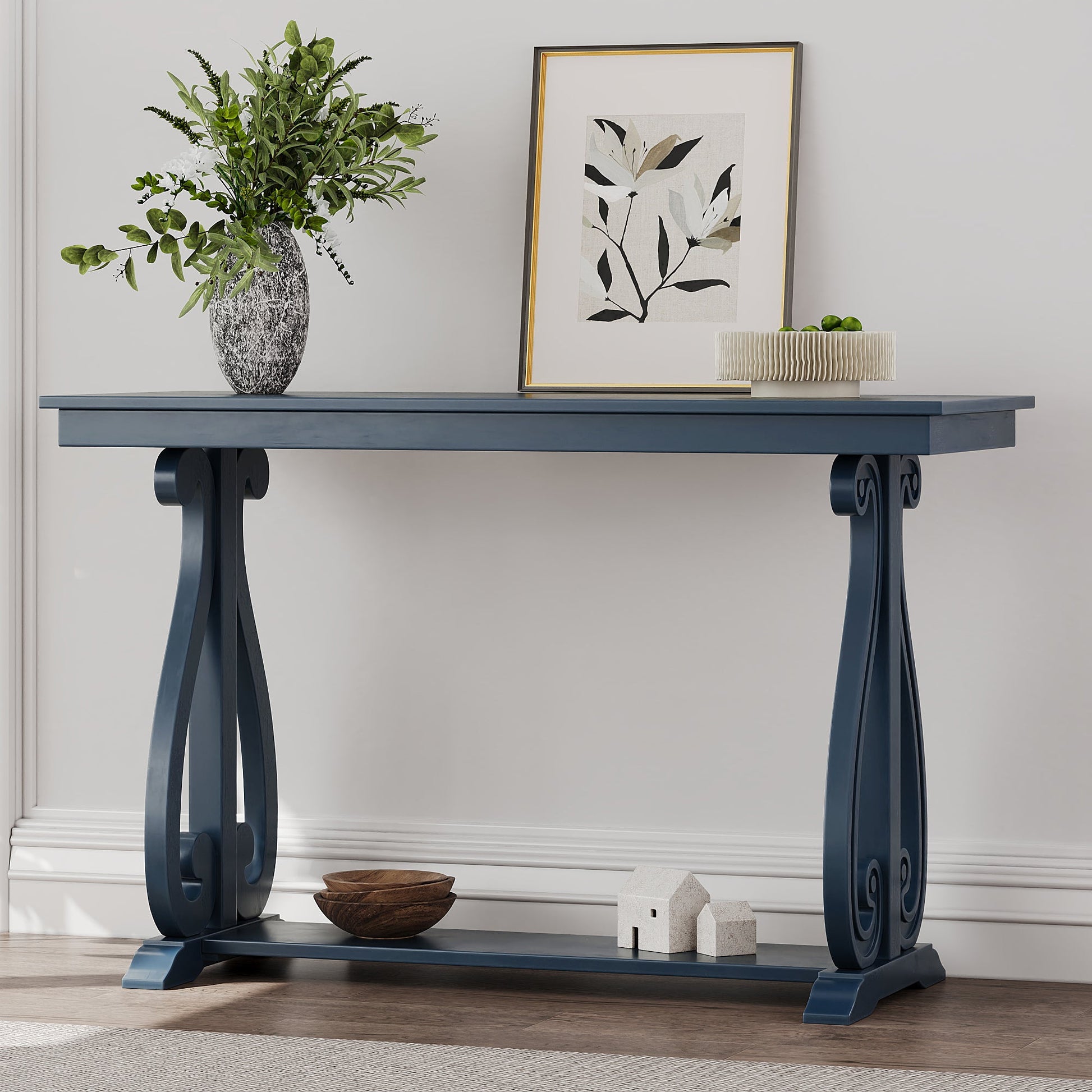 48-Inch Rustic Vintage Console Table --- Farmhouse Style Entryway Table with Open Shelf and Sturdy Construction (Navy) - Korvel