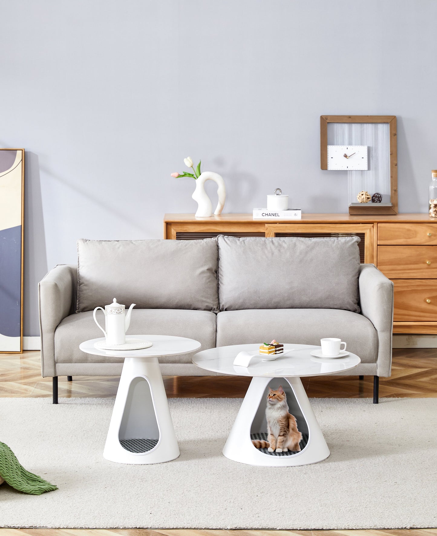 set of 2 coffee round tables with a marble-look top and steel base with 2 cat beds multifunctional and stylish entable - Korvel