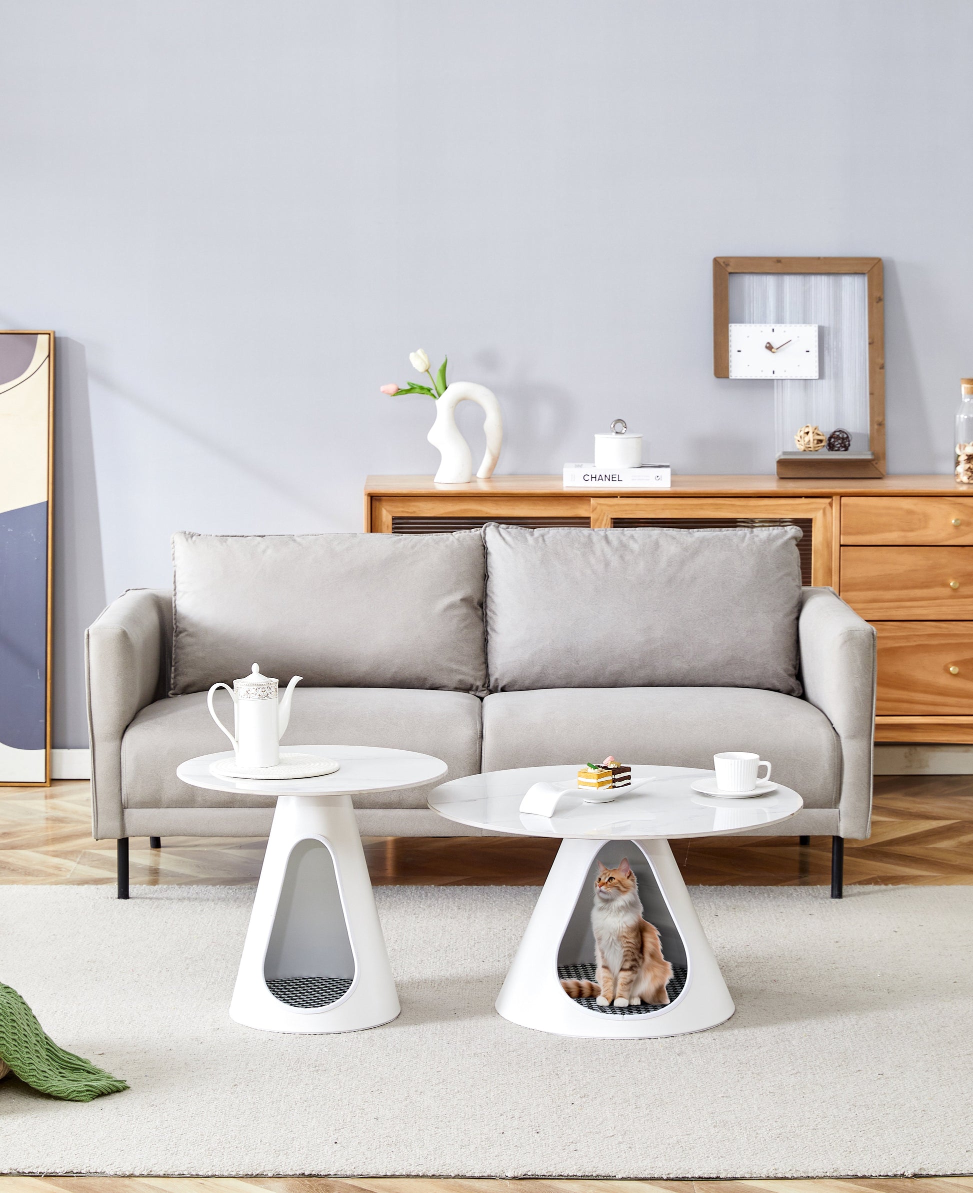 set of 2 coffee round tables with a marble-look top and steel base with 2 cat beds multifunctional and stylish entable - Korvel