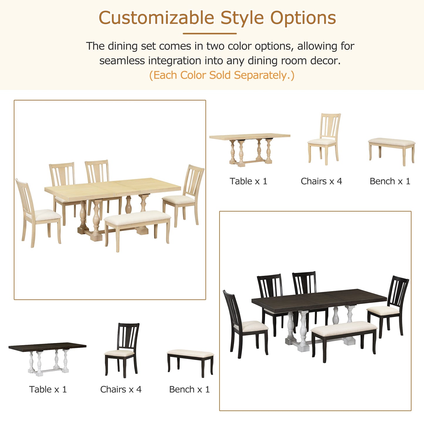 Traditional 6-Piece 78inch Trestle Extendable Dining Table Set with One 18inch Removable Leaf Distressed White - Korvel