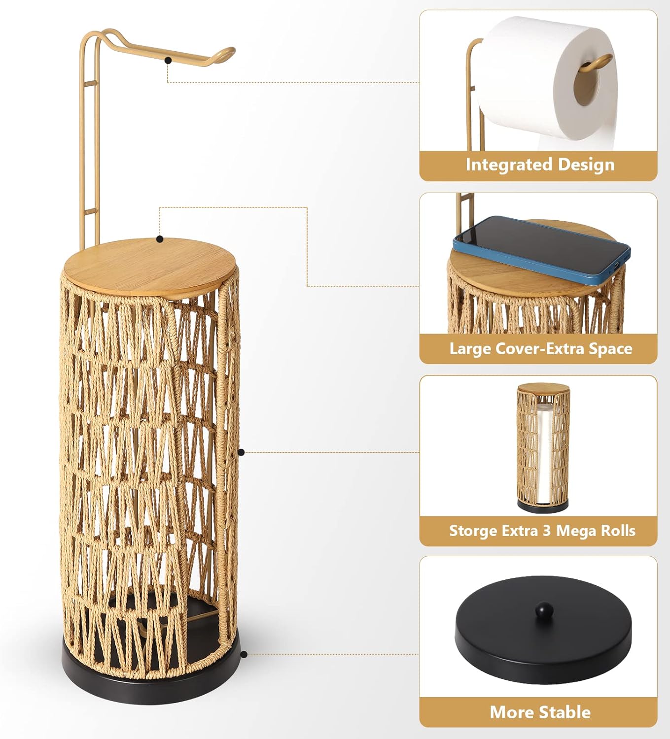 Porte-papier toilette autoportant fait main avec rangement