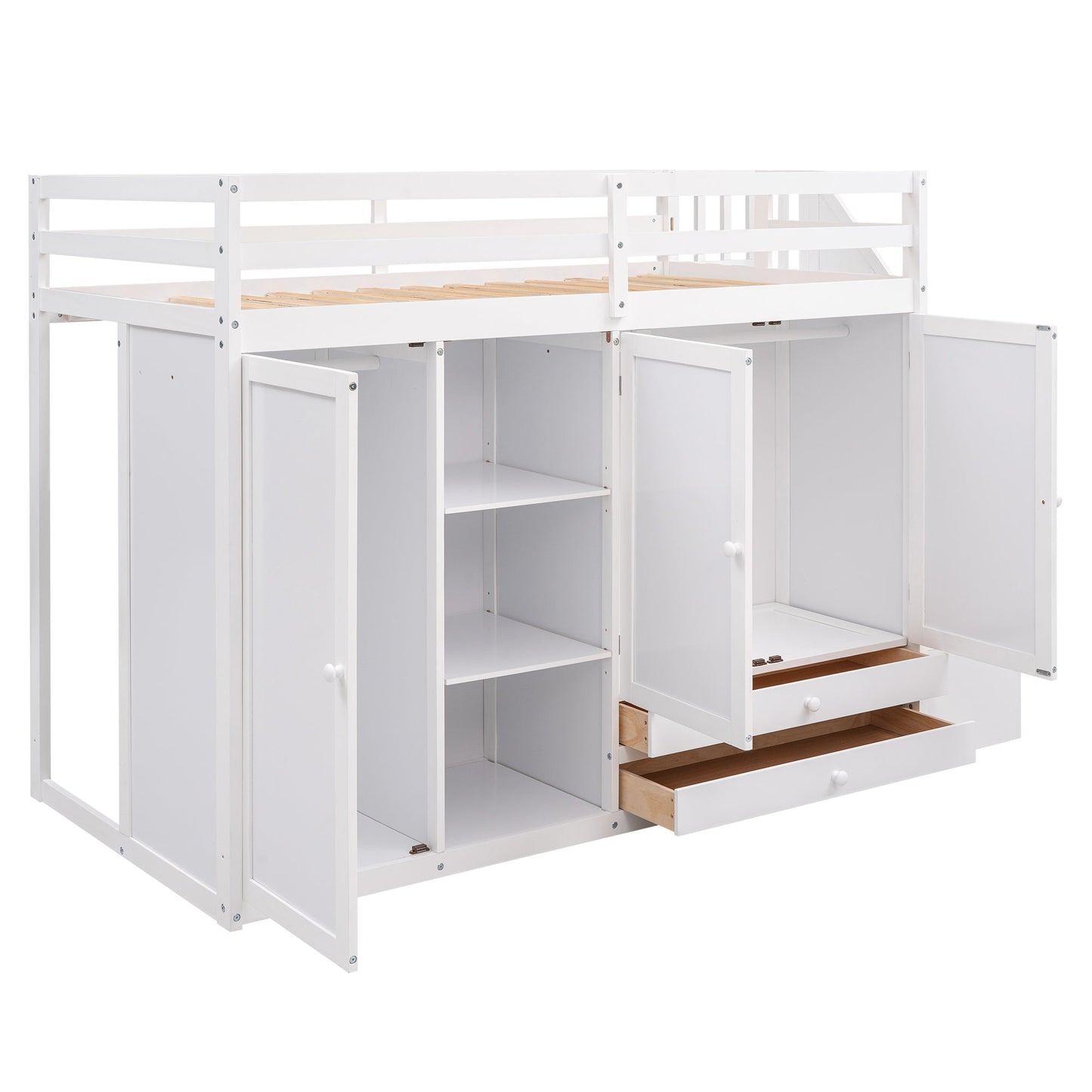 Functional Loft Bed with Storage and Shelves in White