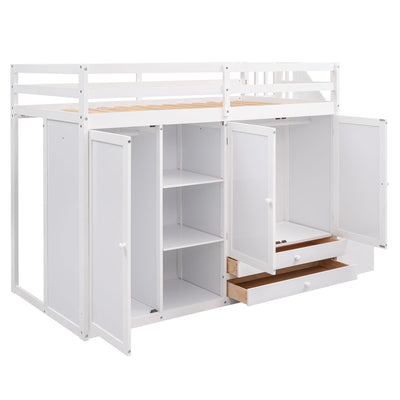 Functional Loft Bed with Storage and Shelves in White