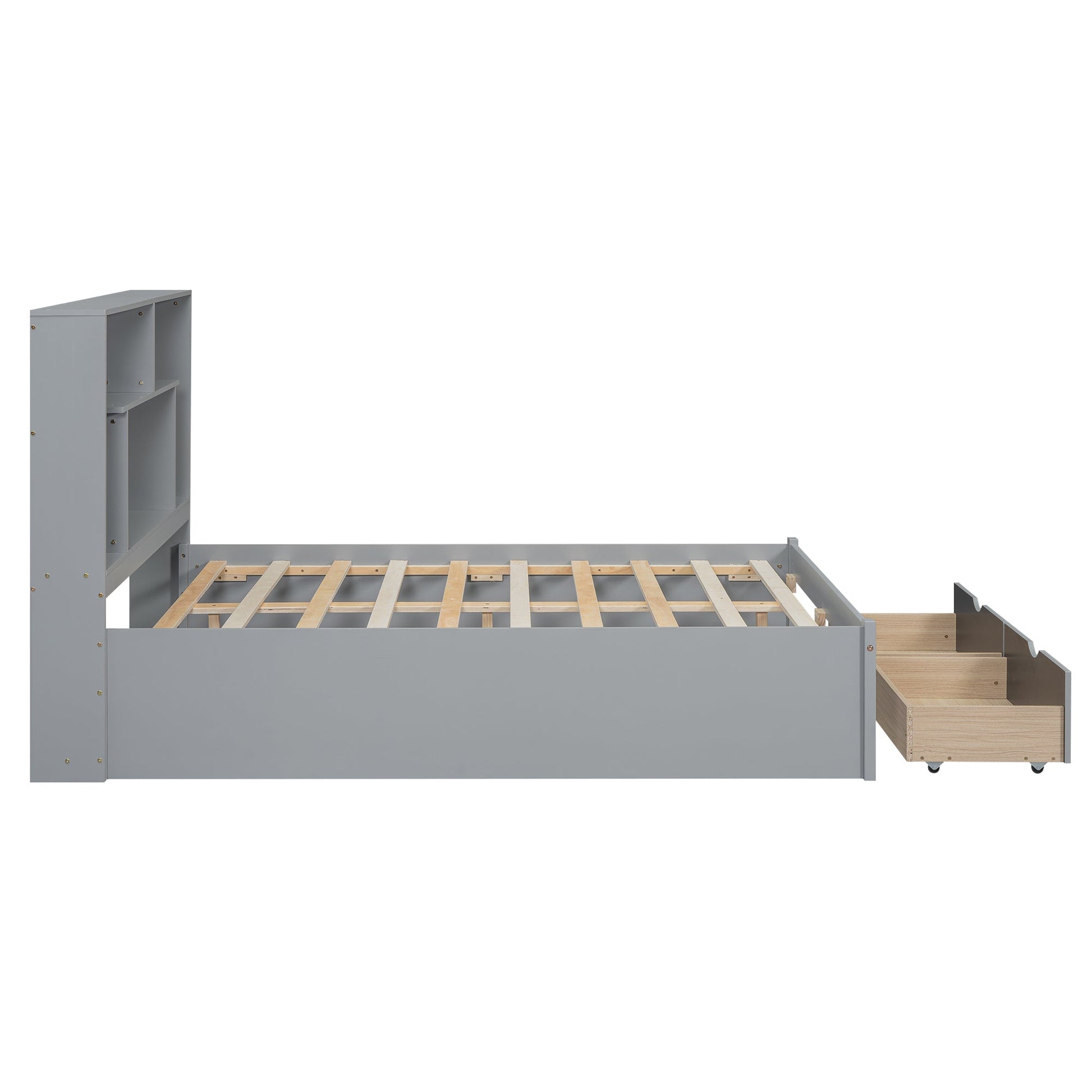 Full Size Platform Bed with Storage Headboard and 2 Drawers, Gray - Korvel