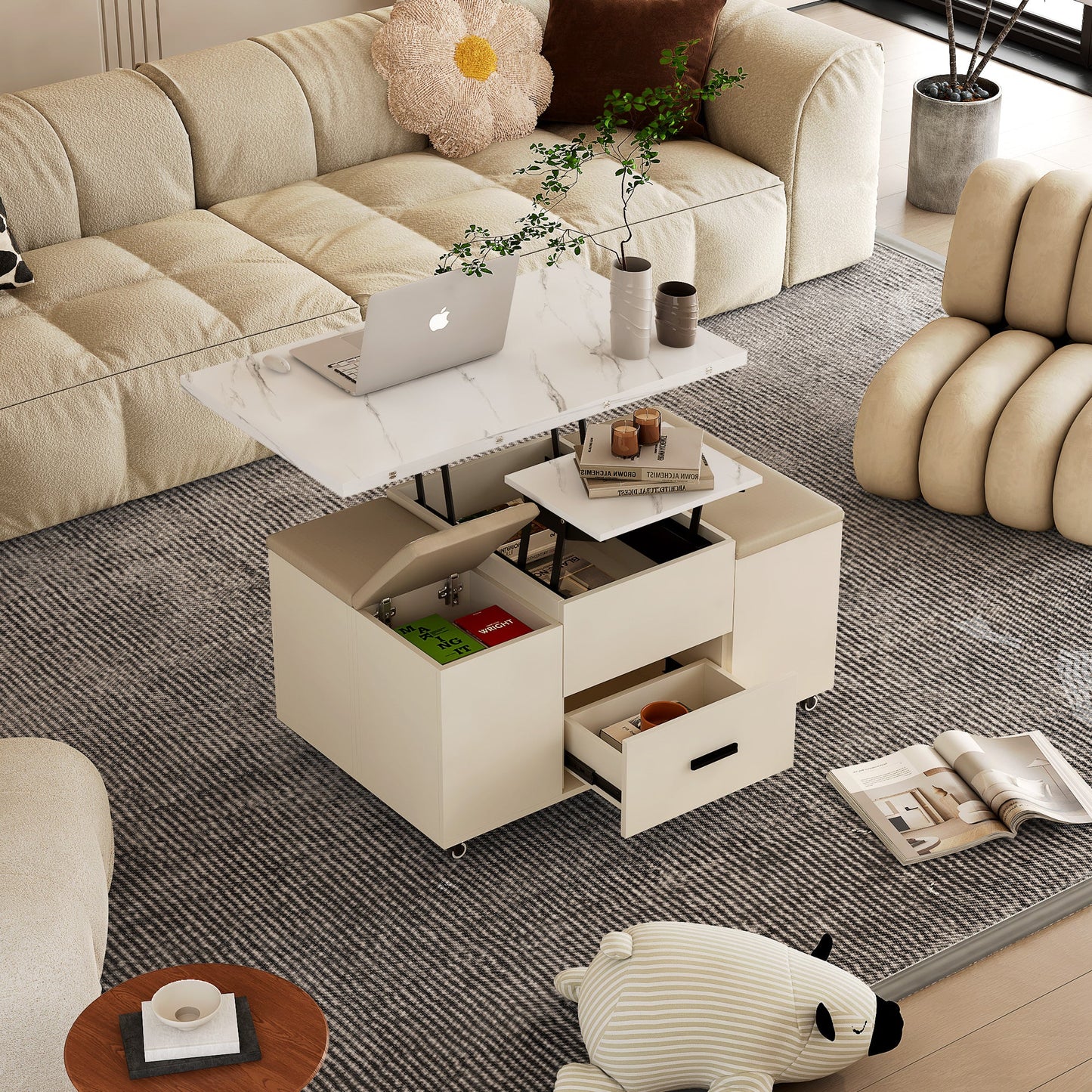 Modern Lift-Up Coffee Table with Storage and Stools
