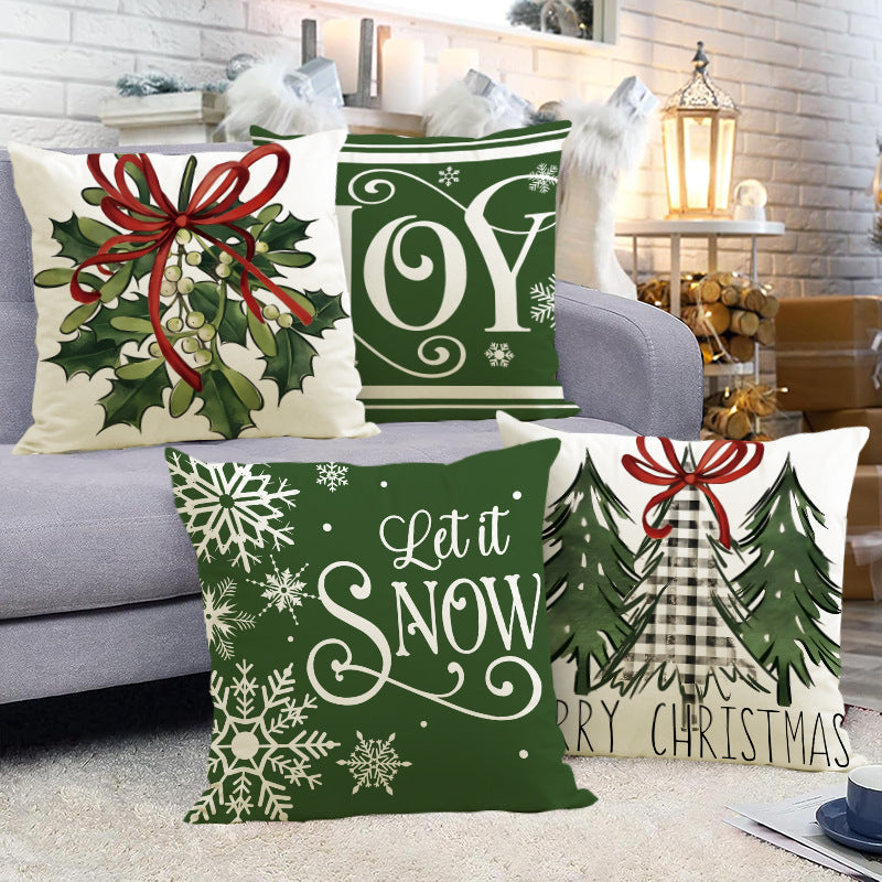 Green Christmas Pillow Cover Linen Printed Pillow Cover Holiday Living Room Bedroom Decoration Cushion Cover - Korvel