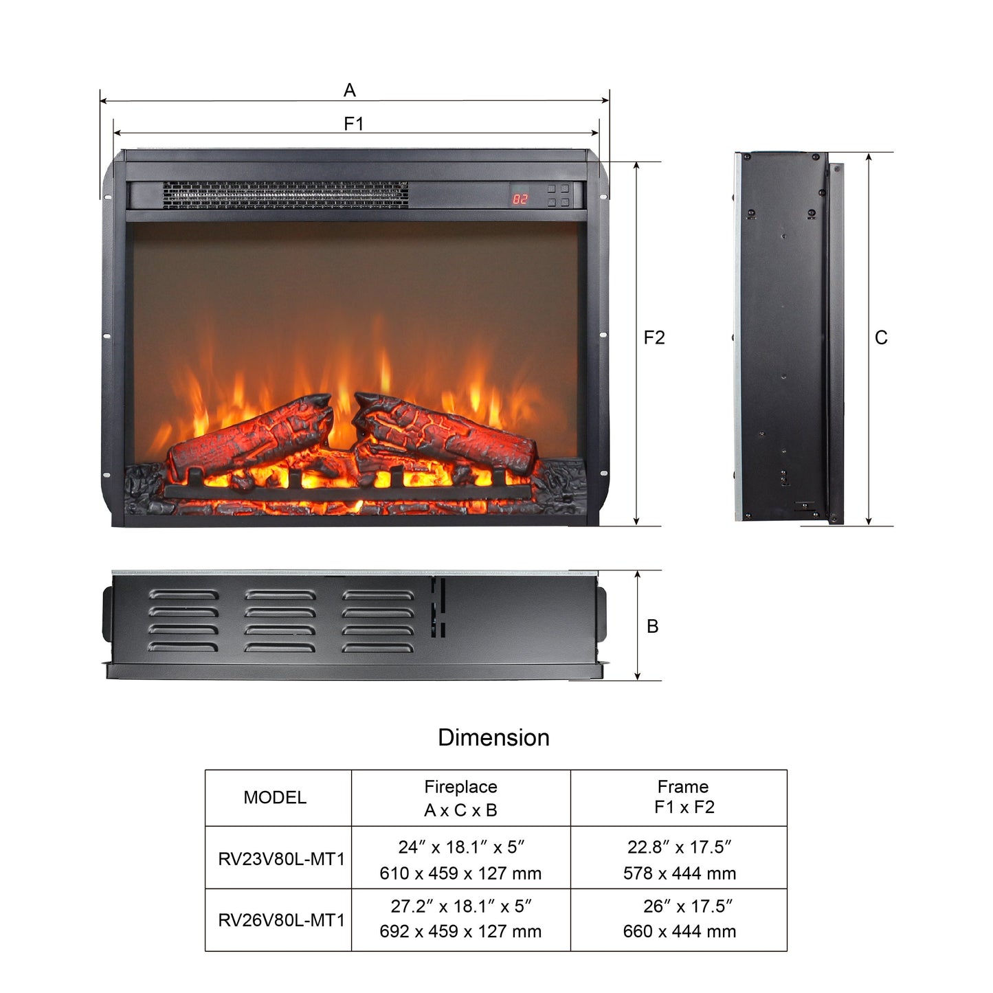 23 inch electric fireplace insert ultra thin heater with log set & realistic flame remote control - Korvel