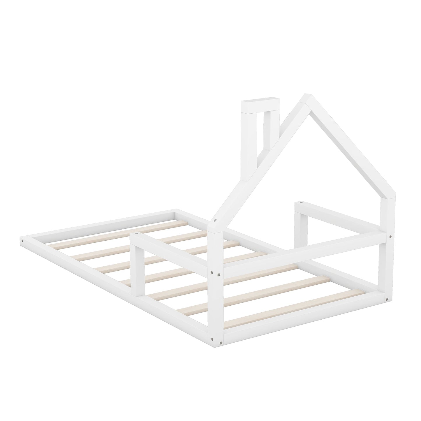 Cama de Madera de Tamaño Twin con Cabecera en Forma de Casa - Blanca