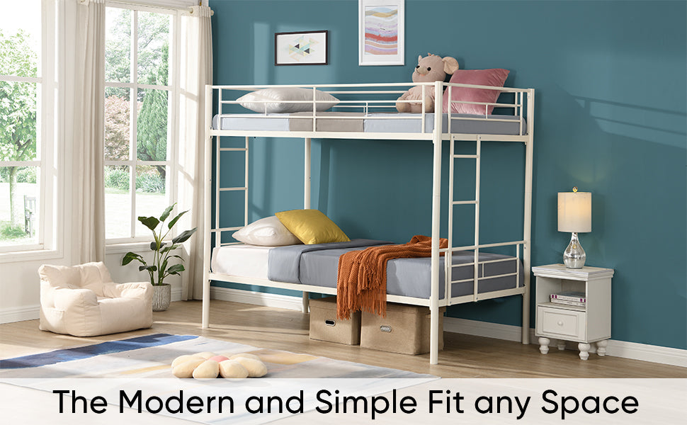 Twin metal bunk beds, metal structure bed frame with safety guardrails and 2 ladders, convertible bunk beds, white - Korvel