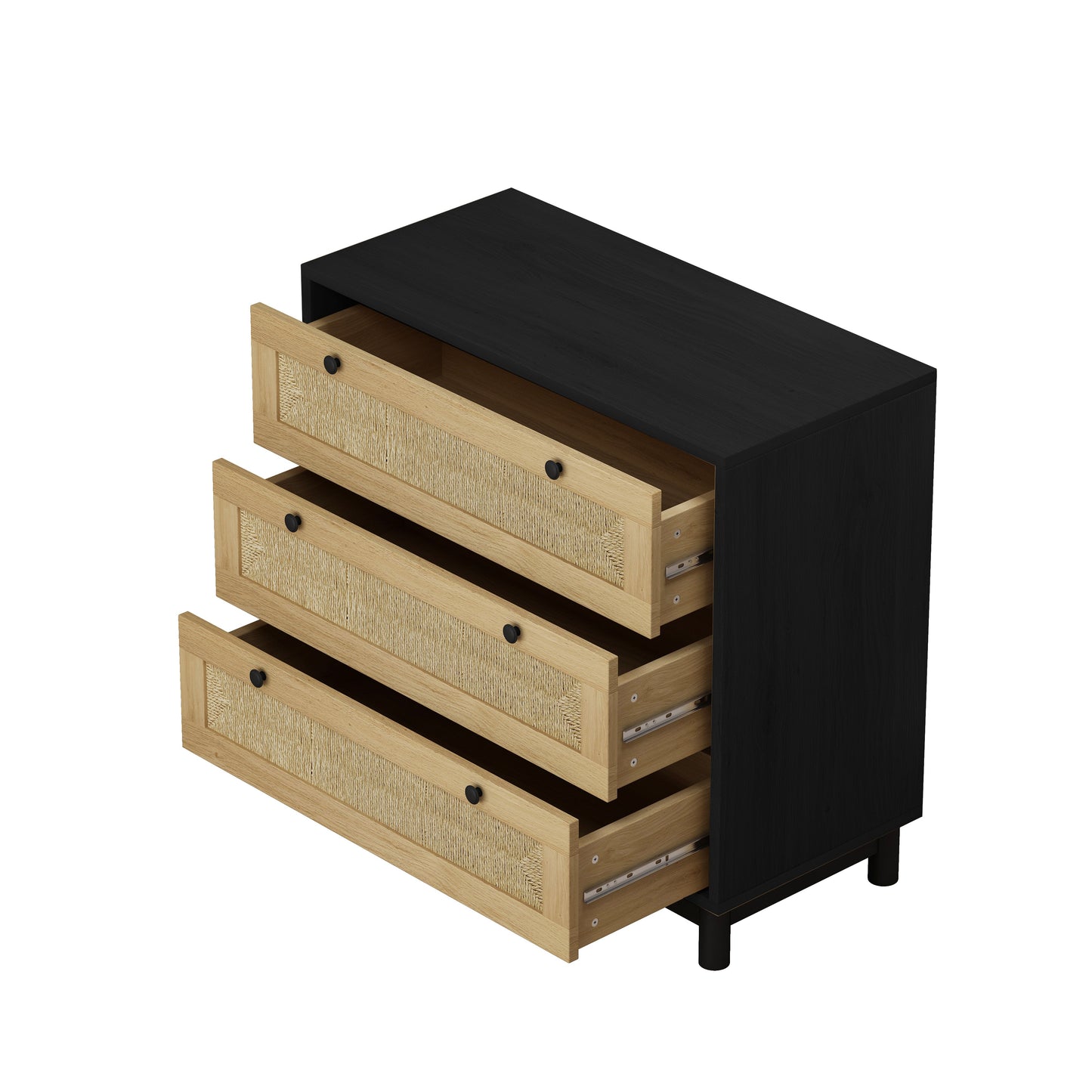 Elegante gabinete de almacenamiento de 3 cajones con cajones tejidos de cuerda