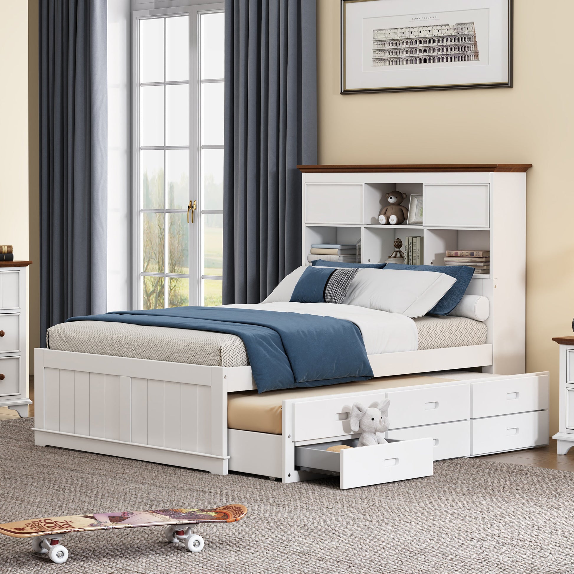 Solid Pine Captain Bookcase Bed with Trundle Bed and 3 Spacious Under Bed Drawers in Casual,Full, White+Walnut - Korvel