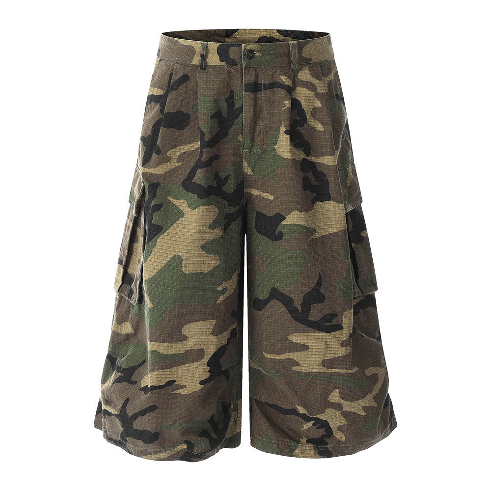 Loose Wide-Leg Camouflage Three-Quarter Pants Men's Summer Work Shorts Pleated Design with Large Pockets - Korvel