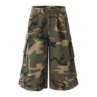 Loose Wide-Leg Camouflage Three-Quarter Pants Men's Summer Work Shorts Pleated Design with Large Pockets - Korvel