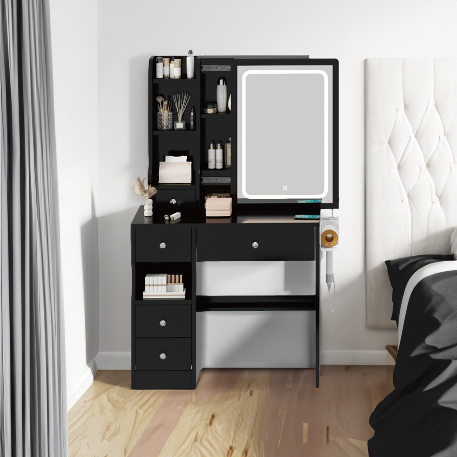 Left drawer desktop vanity+cushioned stool, 2 AC+2 USB power stations, touch sliding LED mirror, tri color switch - Korvel