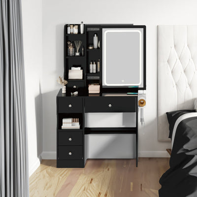 Left drawer desktop vanity+cushioned stool, 2 AC+2 USB power stations, touch sliding LED mirror, tri color switch - Korvel