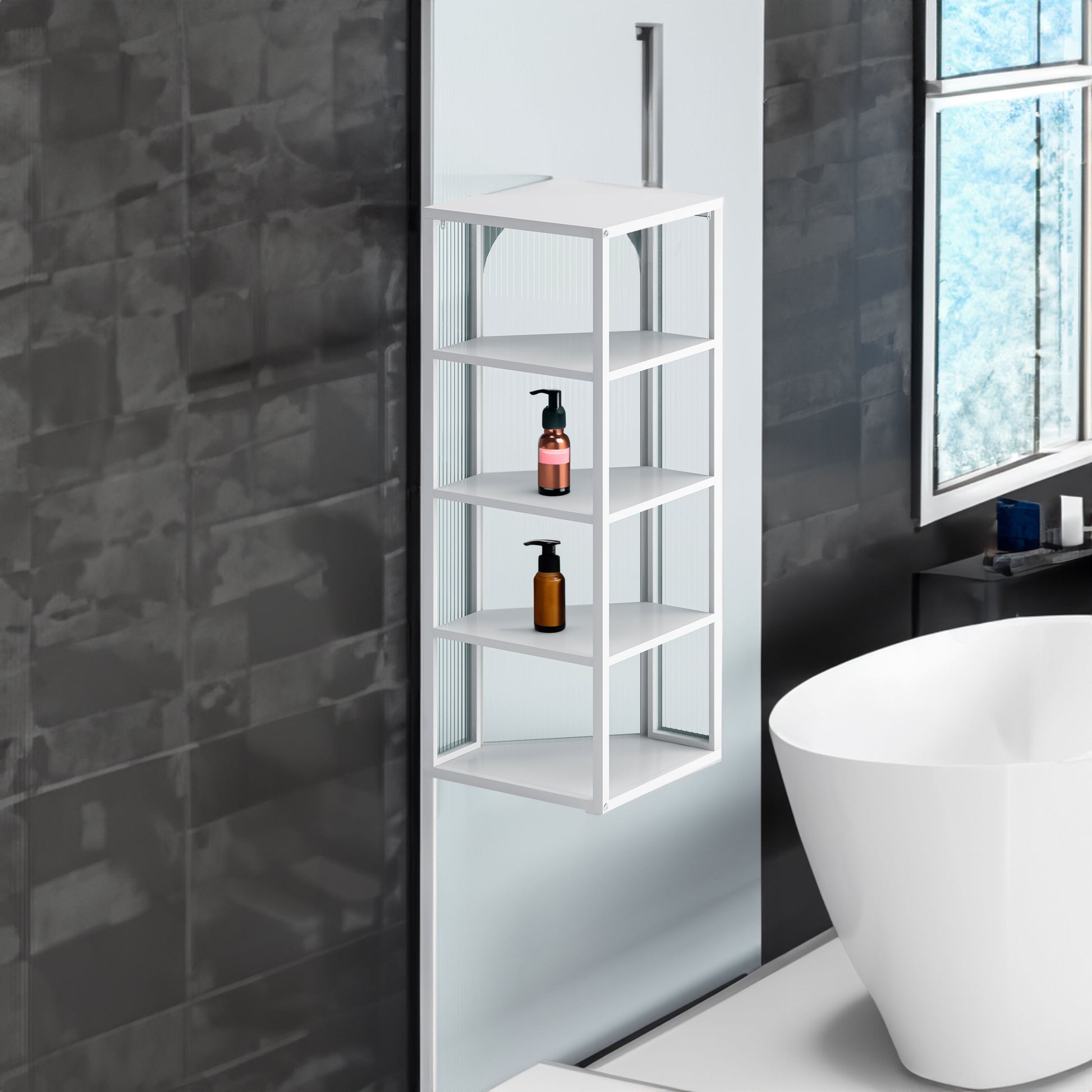 Glass Door Wall Mounted Corner Cabinet with Featuring Four-tier Storage  White - Korvel