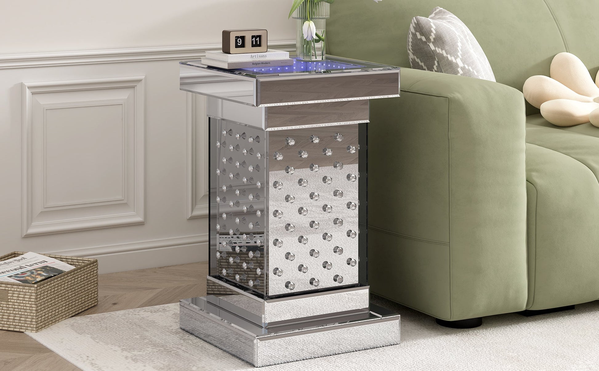 U-Can 11.8-inch silver square mirror coffee table with LED lights, modern crystal inlaid side table, no assembly required - Korvel