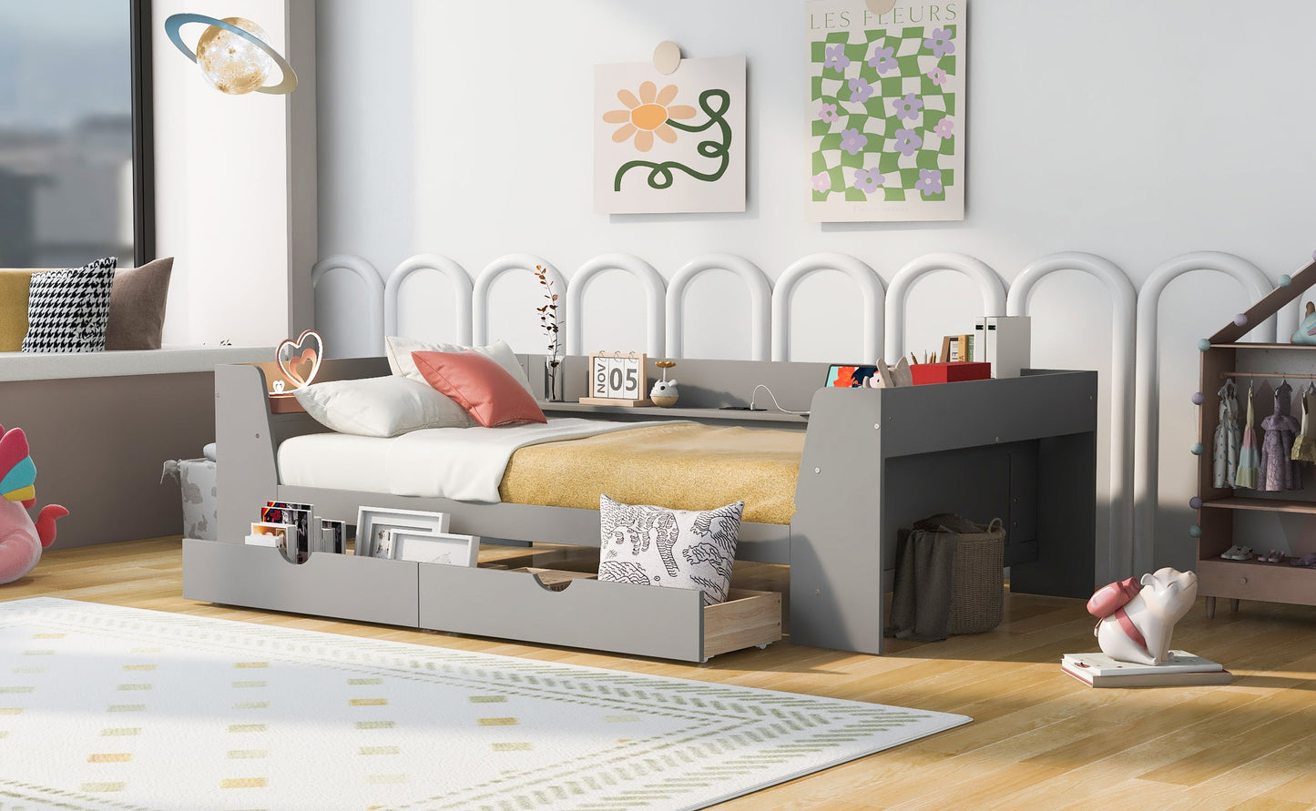 Elegant Twin Size Daybed with Shelves and Charging Station - Gray