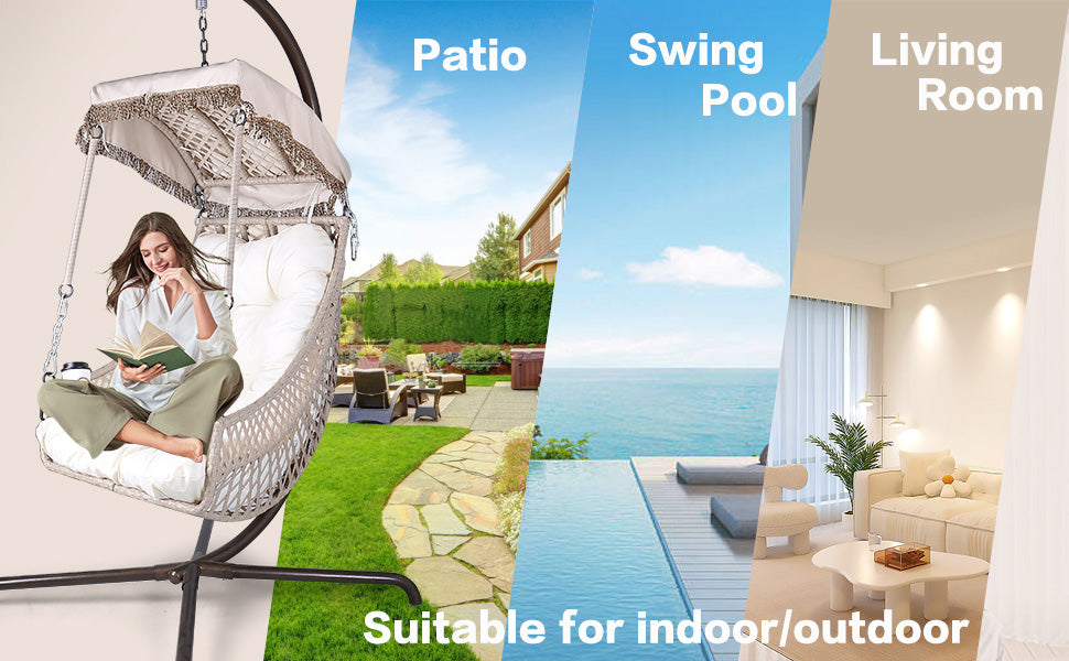 Swing Egg Chair with Stand Indoor Outdoor Wicker Rattan Frame 350lbs Capacity Hammock Chair for Patio Bedroom with Sunshade Clot - Korvel