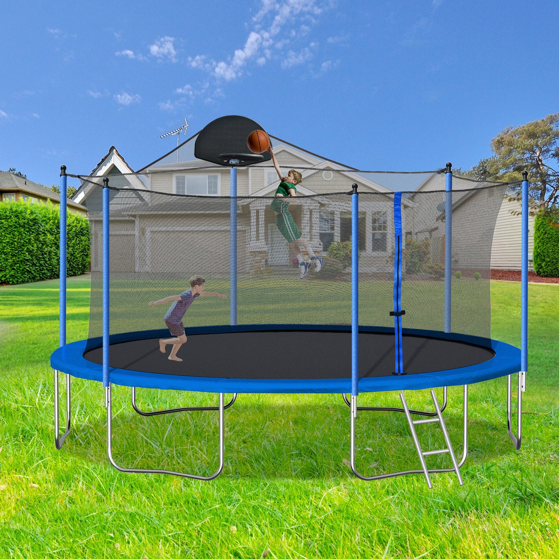 14FT Trampoline for Adults & Kids with Basketball Hoop, Outdoor Trampolines w/Ladder and Safety Enclosure Net for Kids and Adult - Korvel