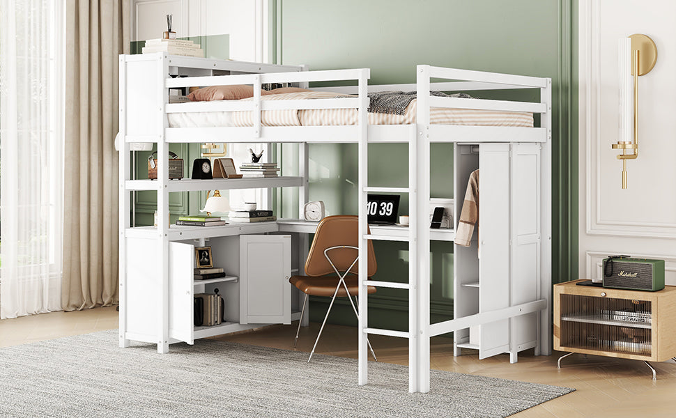 Wood Loft Bed with Cabinet and Bookshelf, Full Size Loft with Wardrobe and Desk for Kids,White - Korvel