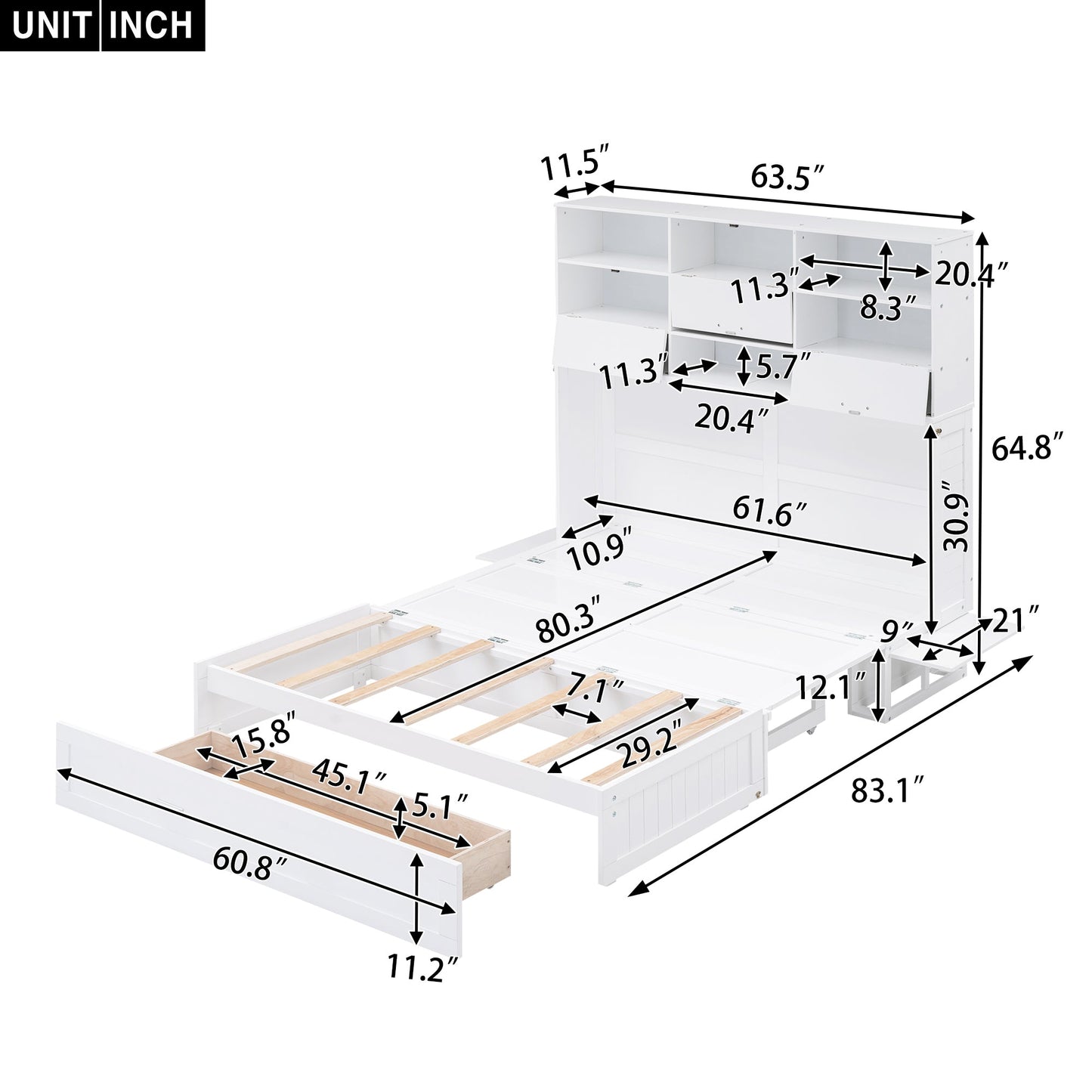 ueen Size Murphy Bed with Bookcase, Bedside Shelves and a Big Drawer, White - Korvel