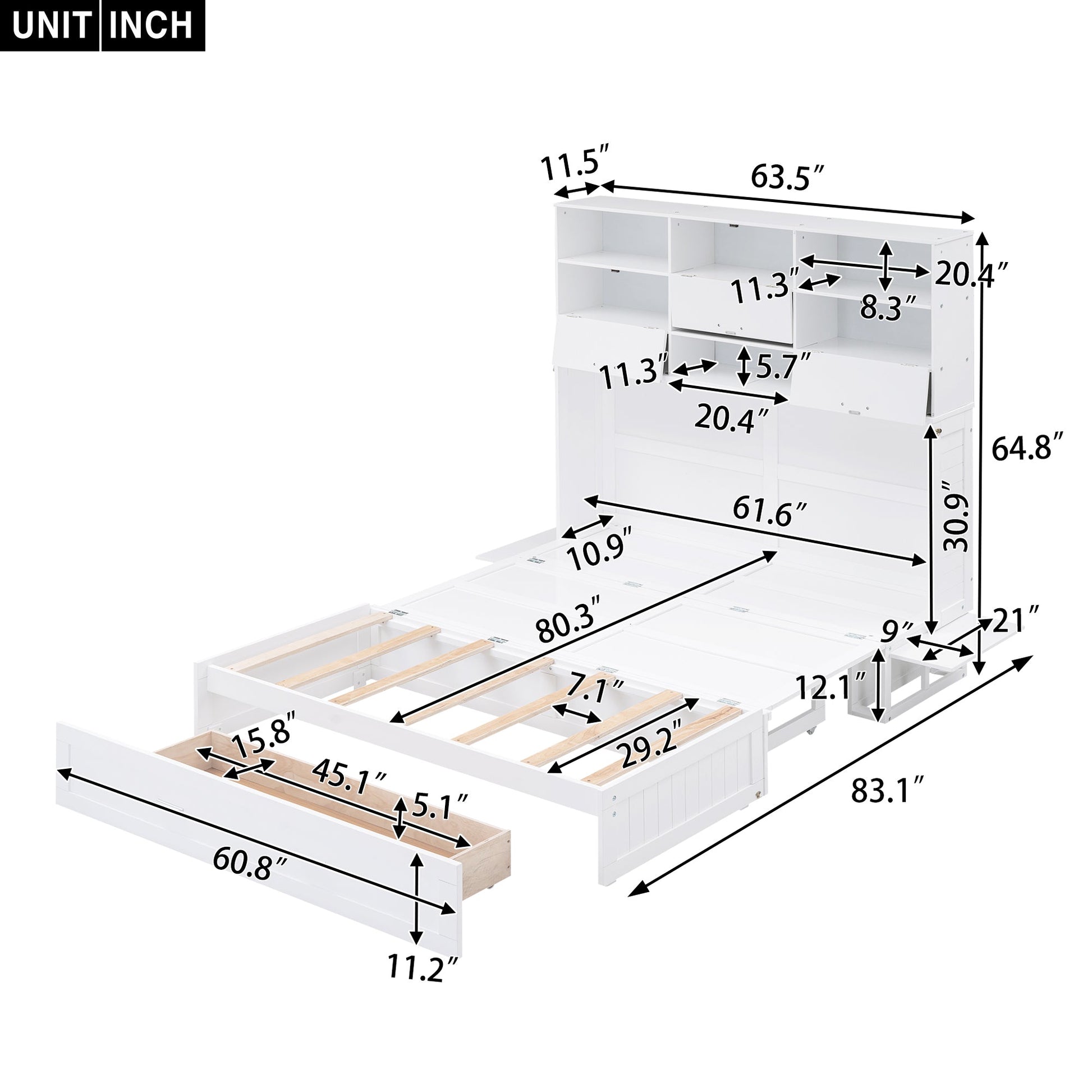 ueen Size Murphy Bed with Bookcase, Bedside Shelves and a Big Drawer, White - Korvel