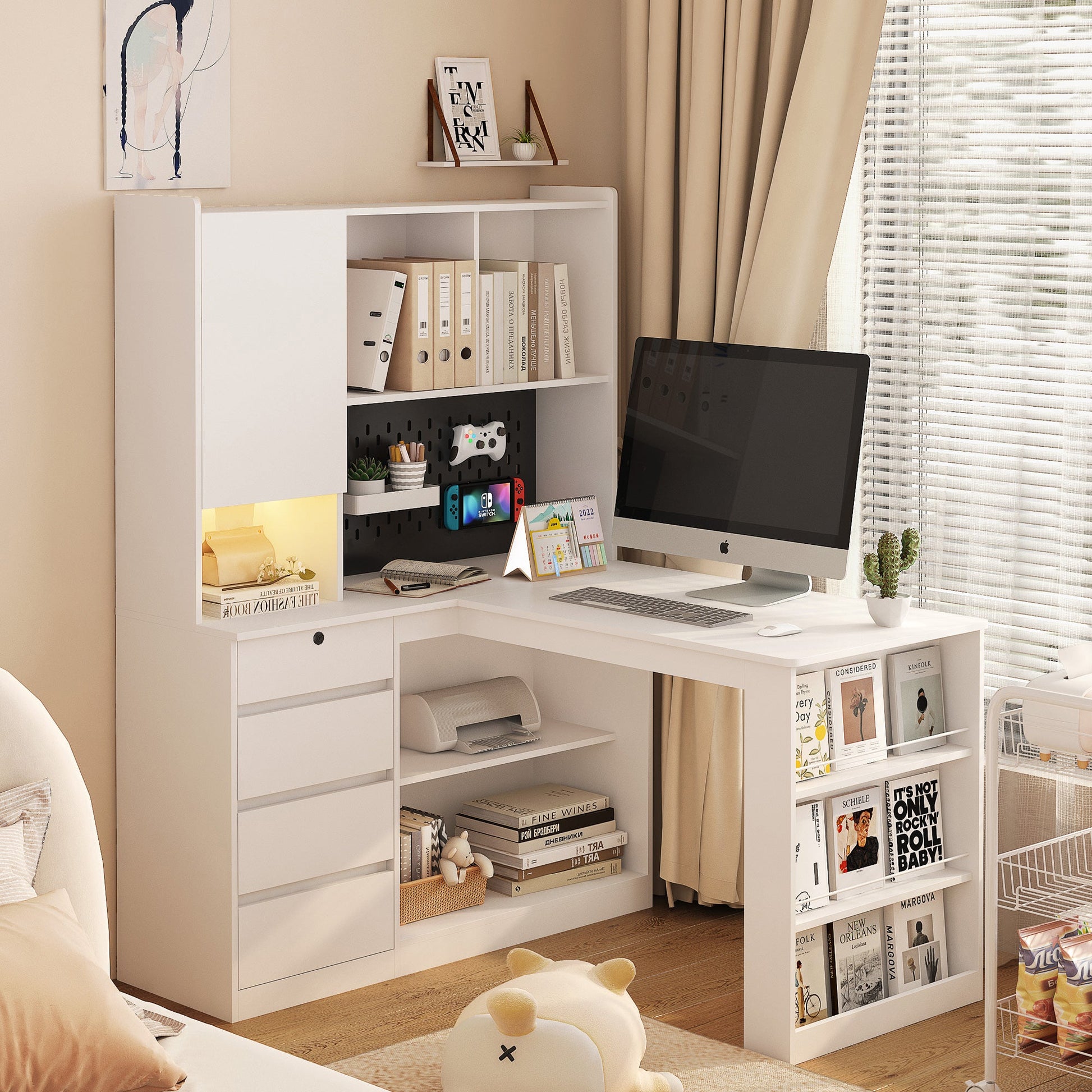 L-shaped office desk with charger, bookshelf with drawers and LED lights, and corner gaming computer desk with storage space - Korvel