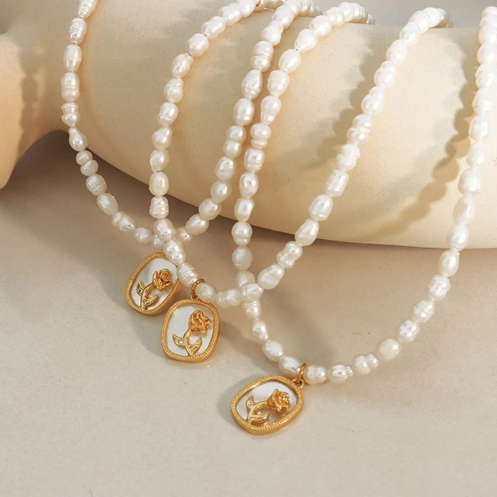 French Baroque freshwater pearl chain oval plate inlaid with zircon colored shell relief flower necklace - Korvel