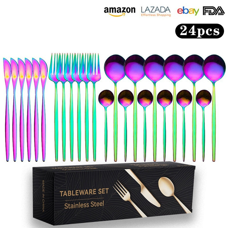 Cutlery Set Stainless Steel Knife Fork Set 24-Piece Tableware Set Golden Steak Knife Fork Spoon 6-Person Set - Korvel