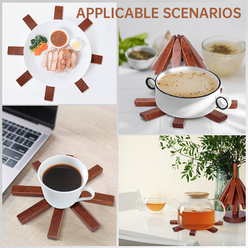 Tree-Shaped Wooden Trivet Set with Stand - 4 Pieces