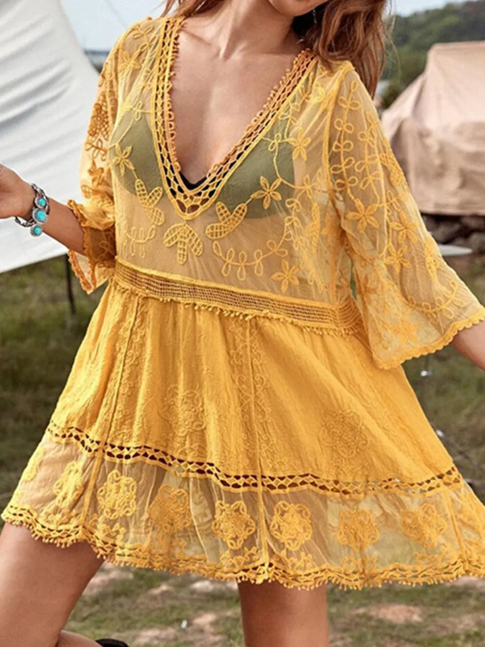 Sexy lace loose beach vacation hooded skirt bikini jacket swimsuit women - Korvel