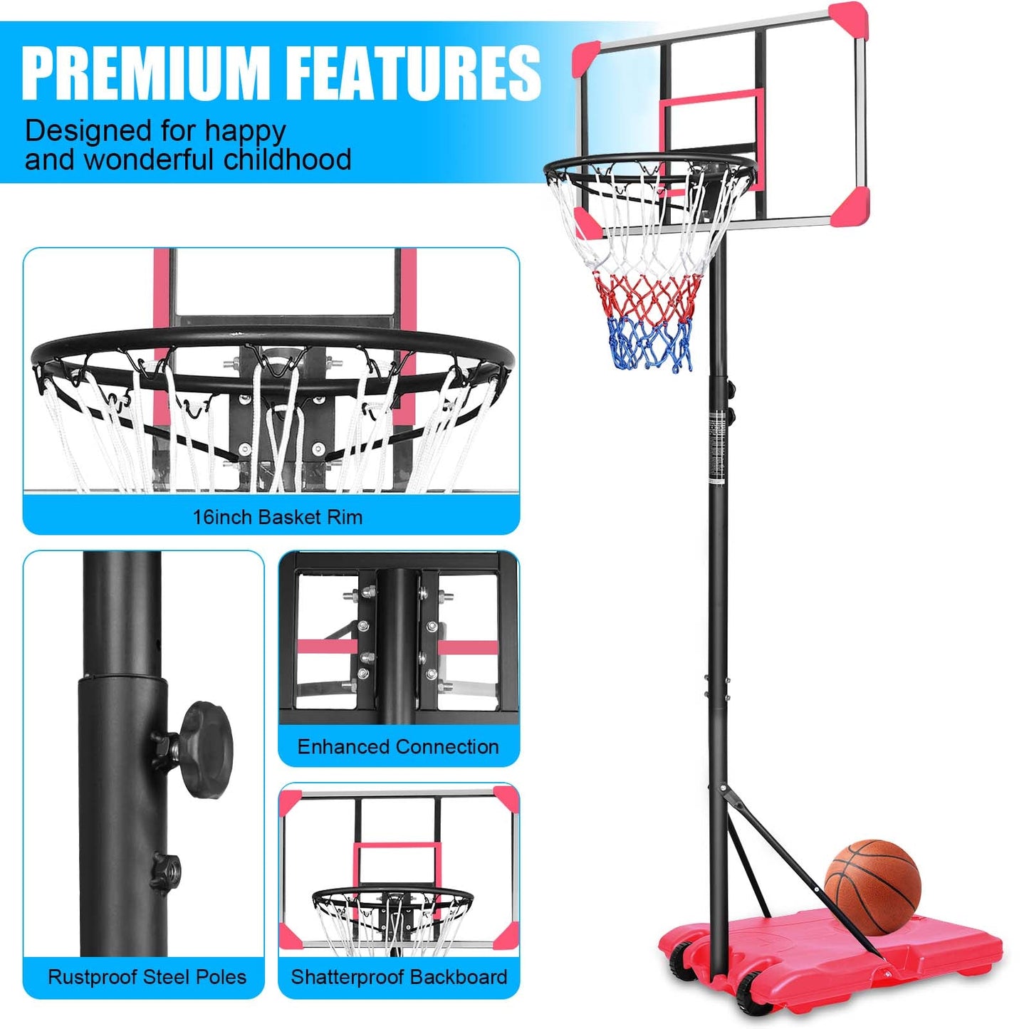 Portable Basketball Goal System with Stable Base and Wheels use for Indoor Outdoor teenagers youth - Korvel