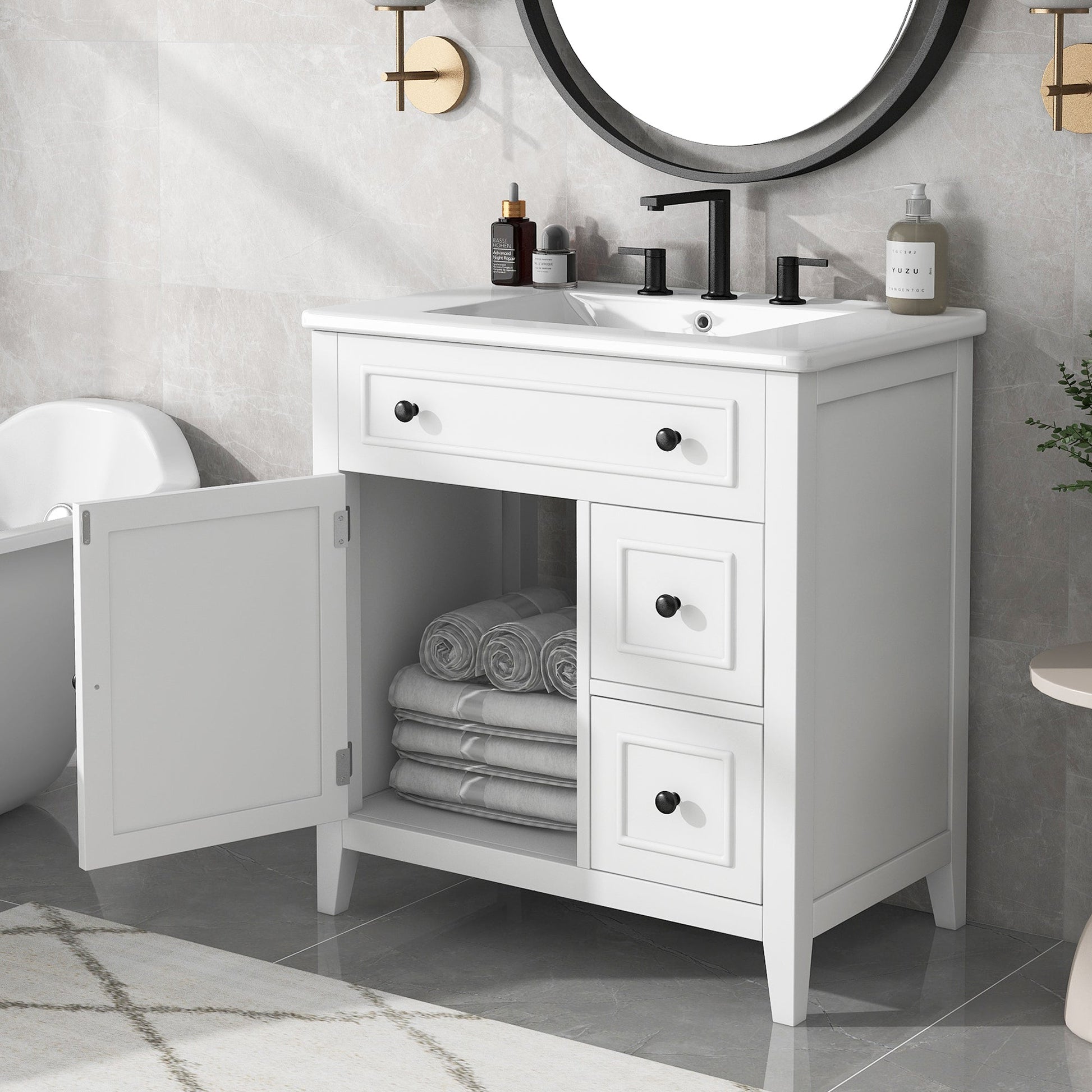 30" Bathroom Vanity with Sink Top, Bathroom Vanity Cabinet with Door and Two Drawers, Solid Wood Frame, One Package, White - Korvel