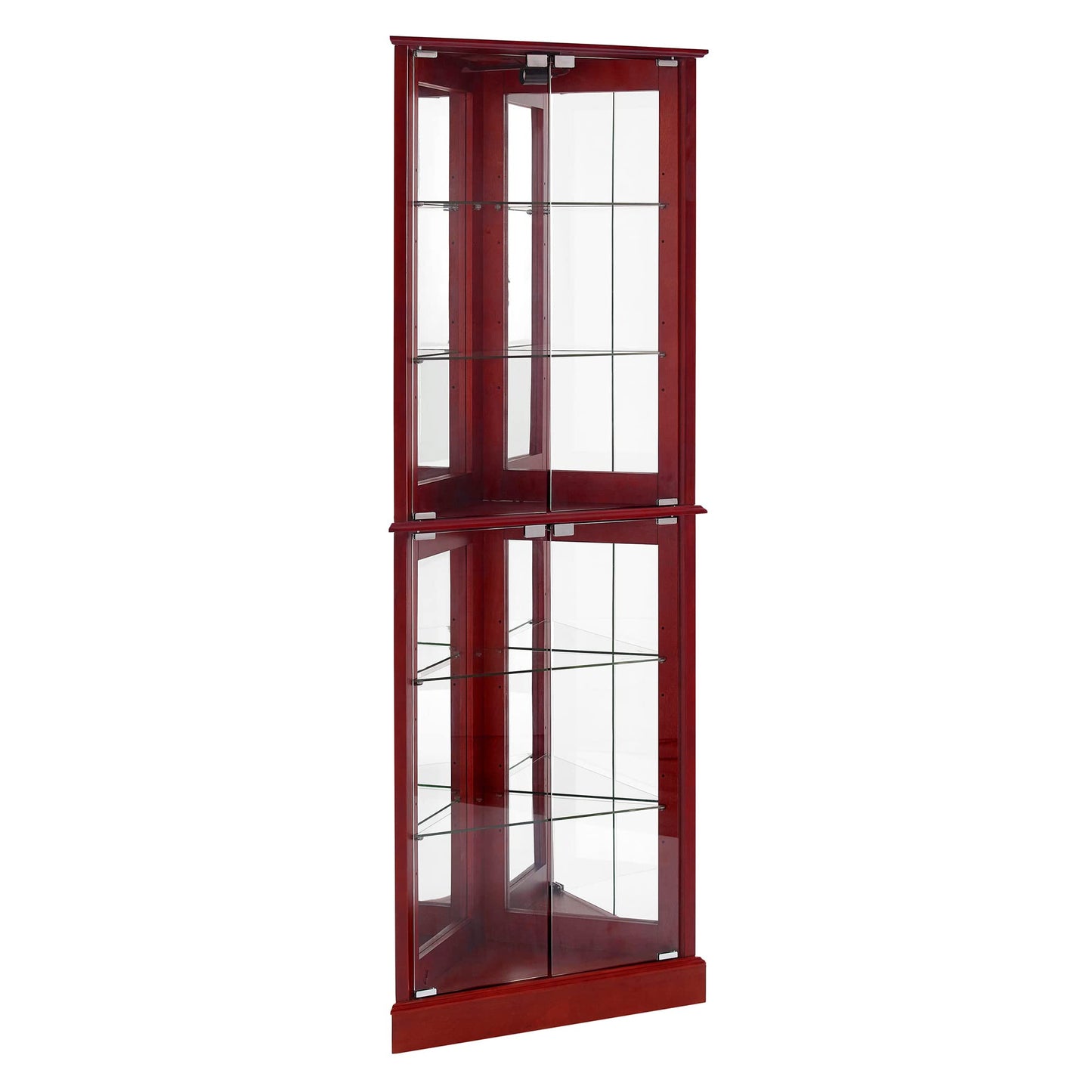 Corner Curio Dispaly Cabinet with Lights, Adjustable Tempered Glass Shelves, Mirrored Back,Cherry(E26 light bulb not included) - Korvel
