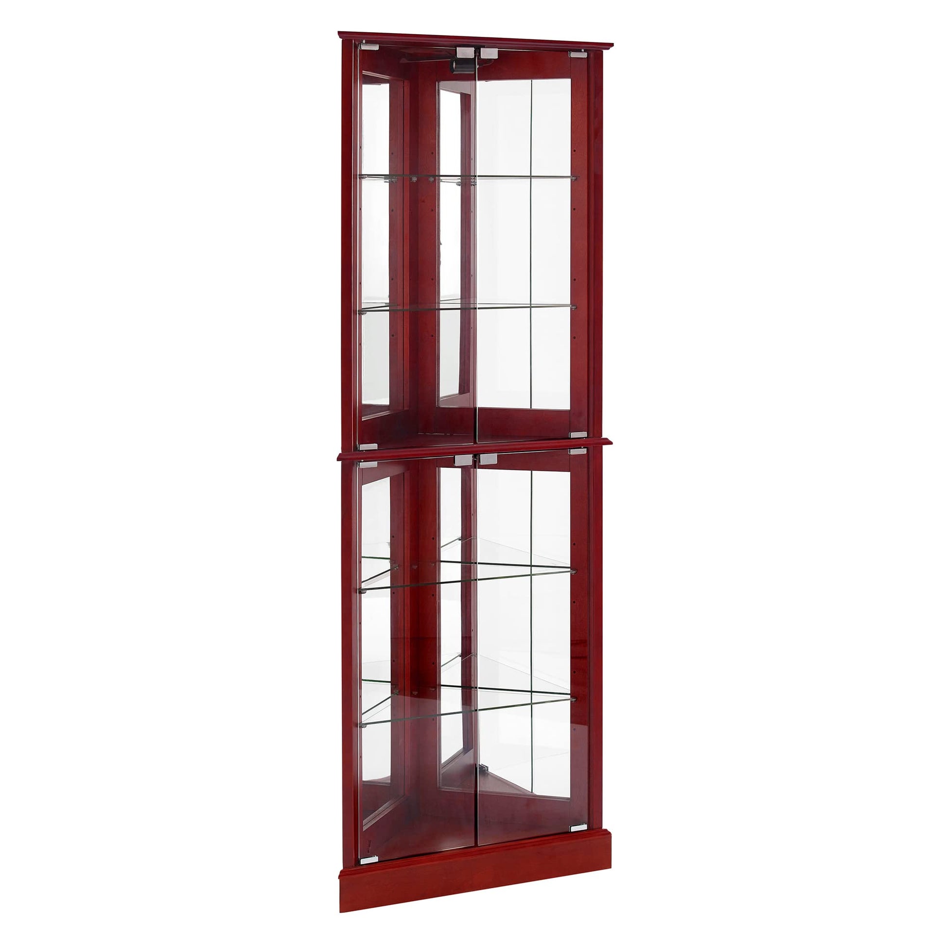 Corner Curio Dispaly Cabinet with Lights, Adjustable Tempered Glass Shelves, Mirrored Back,Cherry(E26 light bulb not included) - Korvel