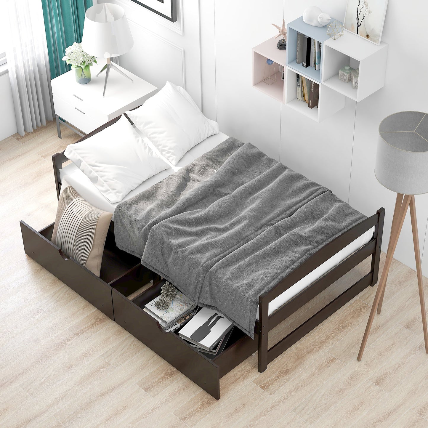 Espresso Twin Size Platform Bed with Two Drawers