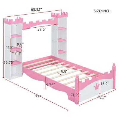 Castle-Shaped Wooden Twin Bed with Storage Shelf