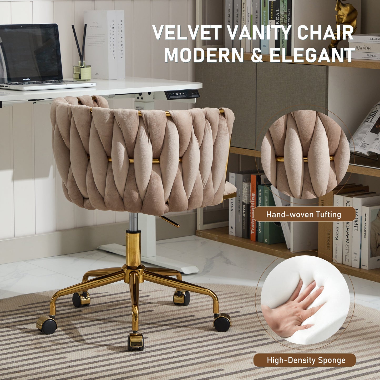 Velvet Accent Chair with Wheels and Hand Woven Backrest