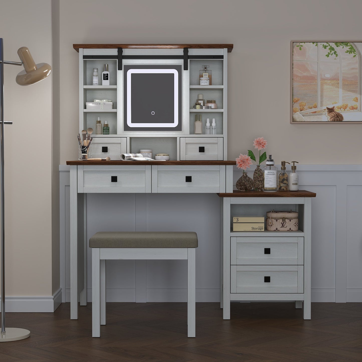 46.5-inch dressing table with adjustable LED lighting mirror and charging station, equipped with soft cushioned stool - Korvel