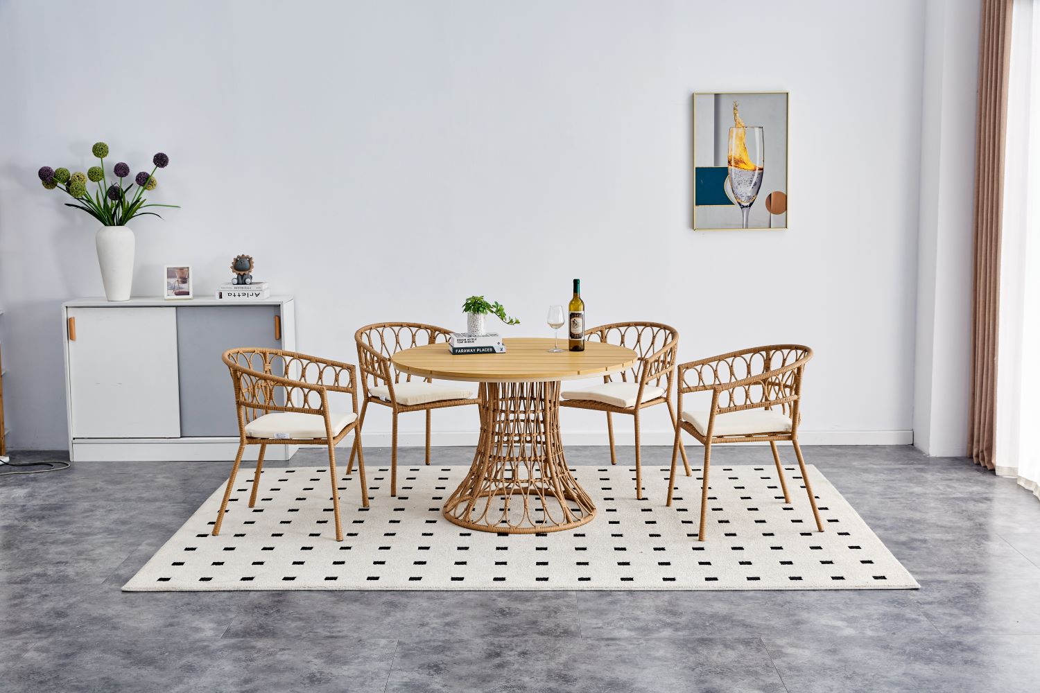 Outdoor dining set of 5 simple bamboo dinning table  PE ratten round table 110CM plastic wood top - Korvel