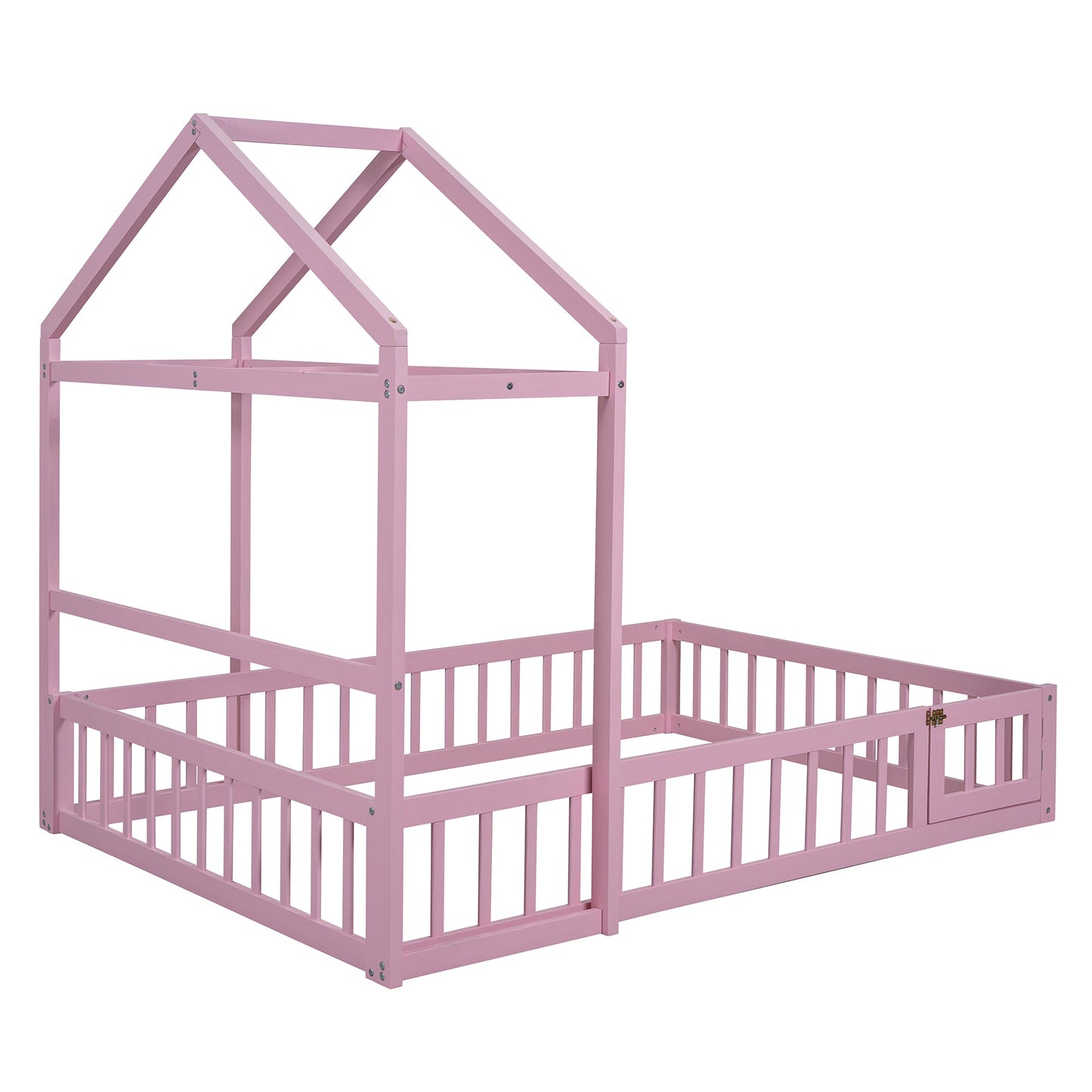 Wooden Full Size Children's Bed with Detachable Headboard and Integrated Clothes Drying Rack, Pink - Korvel