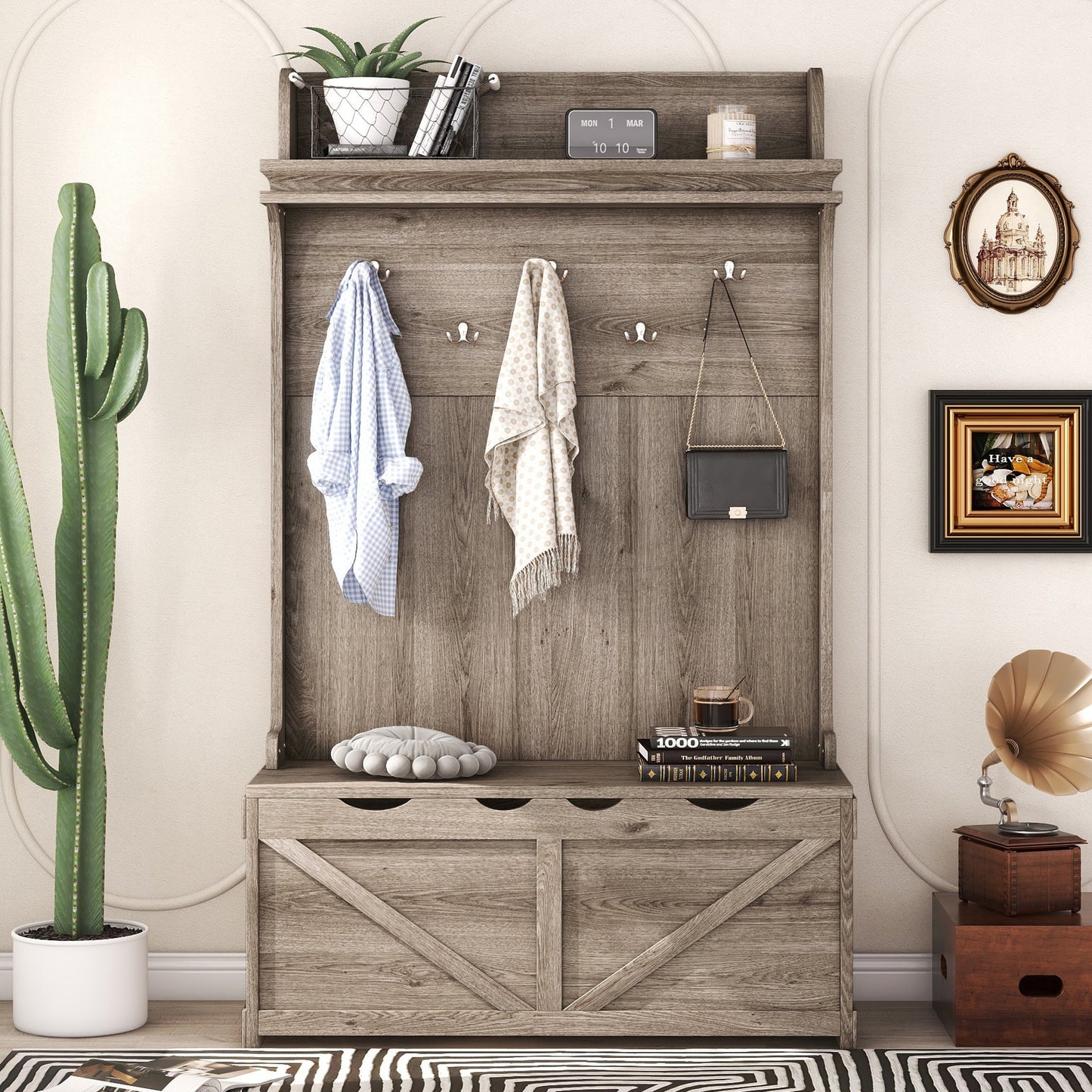 Hall tree with storage desk, entrance desk with drawers and 5 hooks, display rack,Oak - Korvel