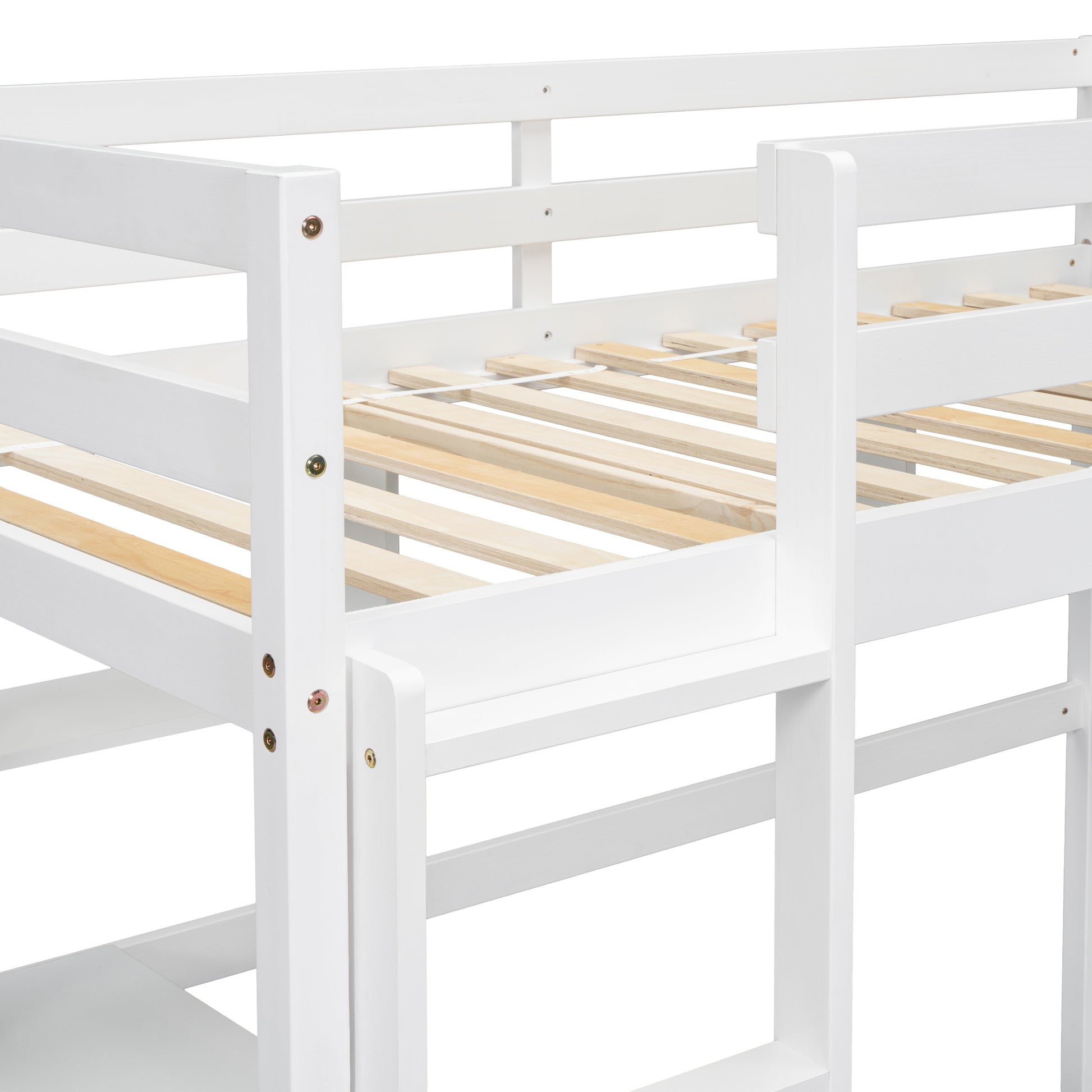 Twin Loft Bed with built-in desk and bookcase of three compartments, Guardrails and Ladder,White - Korvel