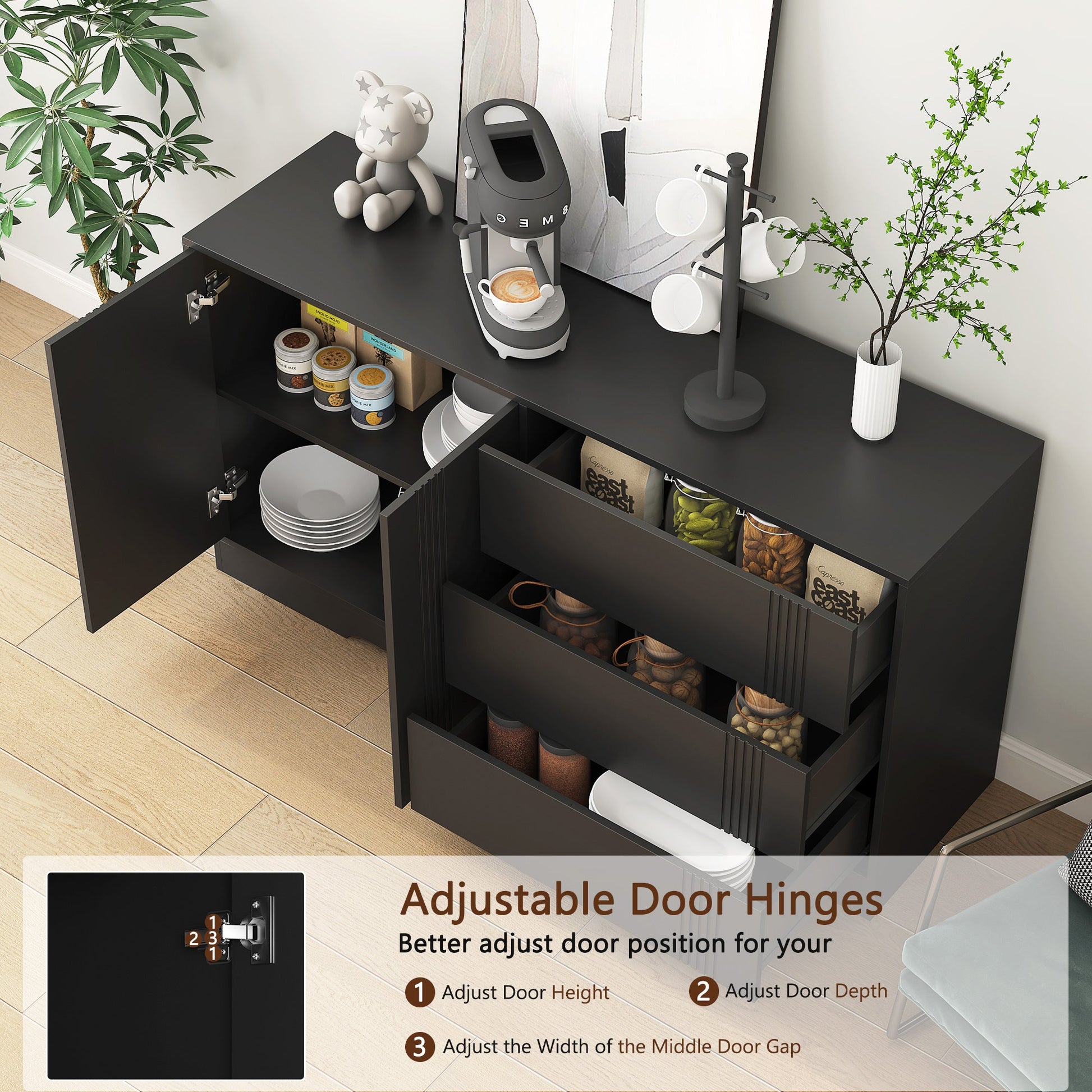 Modern kitchen buffet lockers with storage space, drawers and doors, and a large coffee bar with adjustable kitchen shelves - Korvel